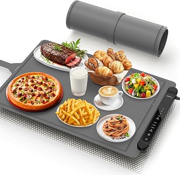 Food Warming Mat Electric Tray Adjustable Silicone Heating Pad with 3 Temperature Settings 4 Timer Function Portable Roll Up Hot Plate for Buffets Party Gatherings Kitchen Countertop Black Gray