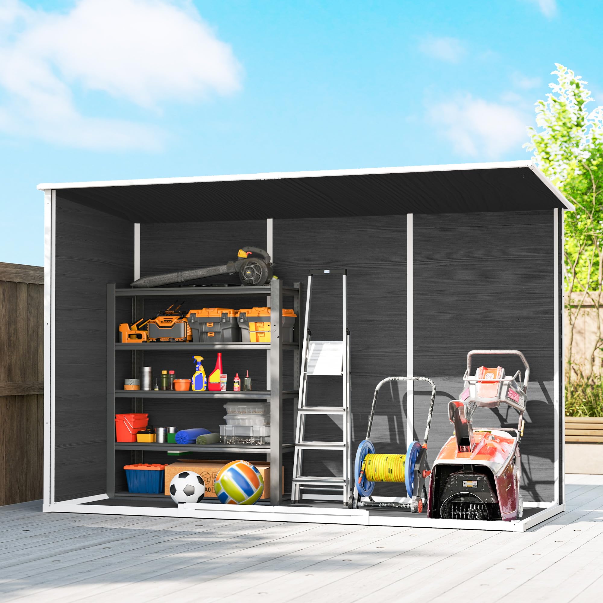 Outsunny Gerätehaus 3,2m², Geräteschuppen mit Pultdach, 303x123x197cm, Kunststoff Gartenschuppen mit Fenster Doppeltür Schloss Belüftungsöffnung Boden Holzoptik, Gartenhaus für Werkzeuge Grau