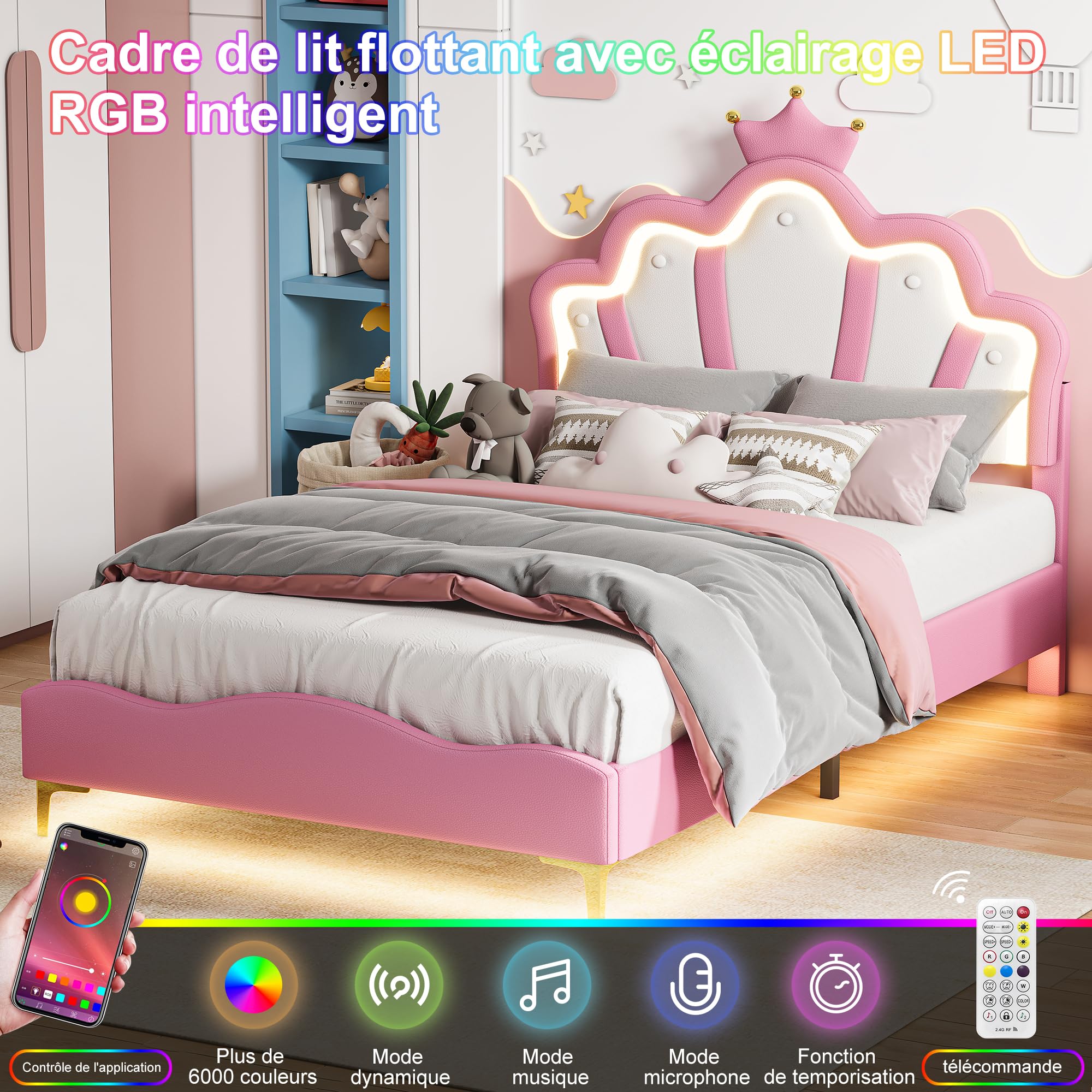 Lit Enfant 140x190 en Forme de Couronne Princesse, Lit avec LED et Tête de Lits Réglable, Cadre Lits 1 Place en Nuages pour Ado, Rose PU
