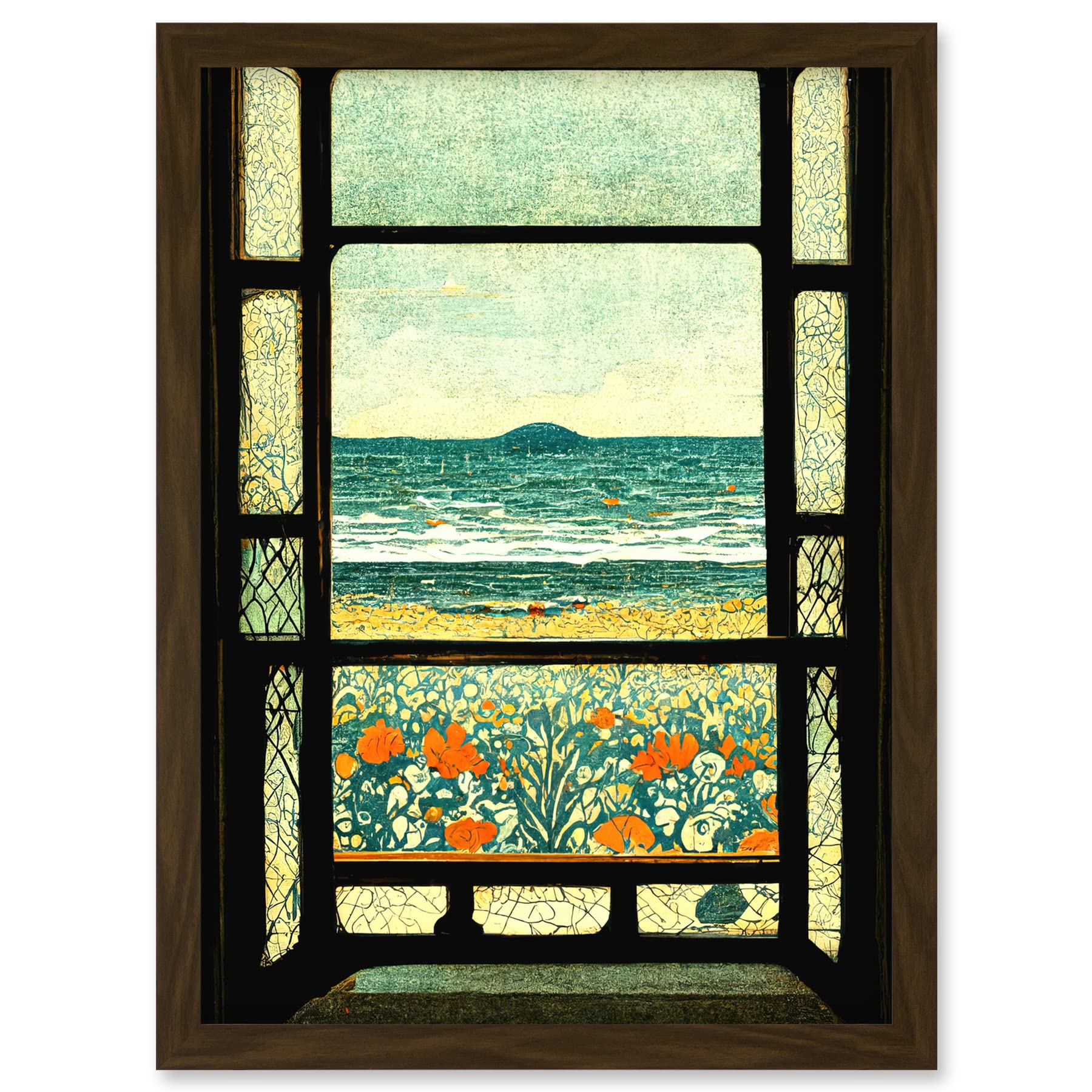Doppelganger33 LTD A Sea View Seaside Beach Flowers William Morris Artwork Framed A3 Wall Art Print