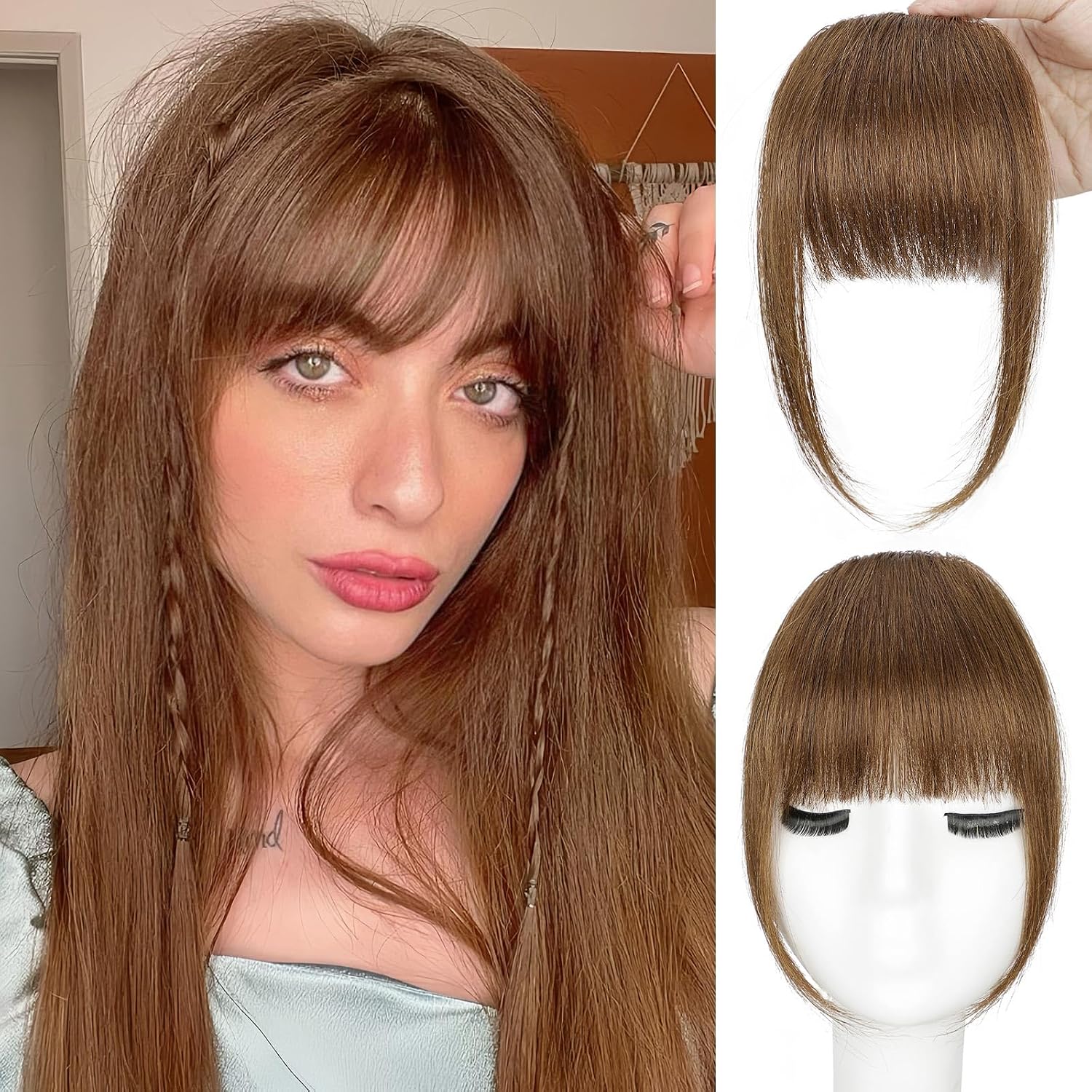 BOGSEA Clip in Bangs 100% Human Hair Bangs with Temples Bangs Hairpieces for Women Clip in Fake Bangs for Daily Wear (Light Brown, Wispy Bangs)