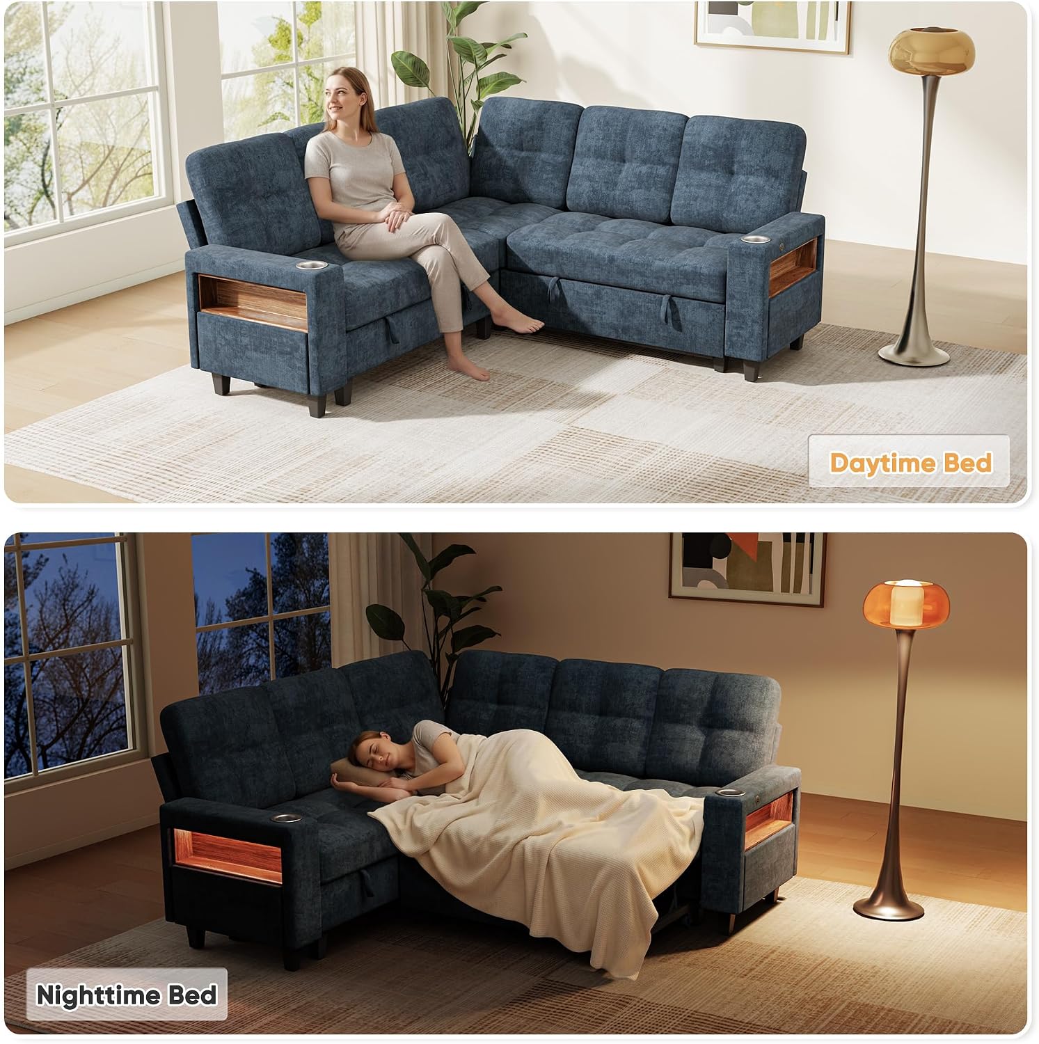 Comparison image showing the Homall sectional sofa in its daytime bed configuration with a person sitting, and nighttime bed configuration with a person sleeping.