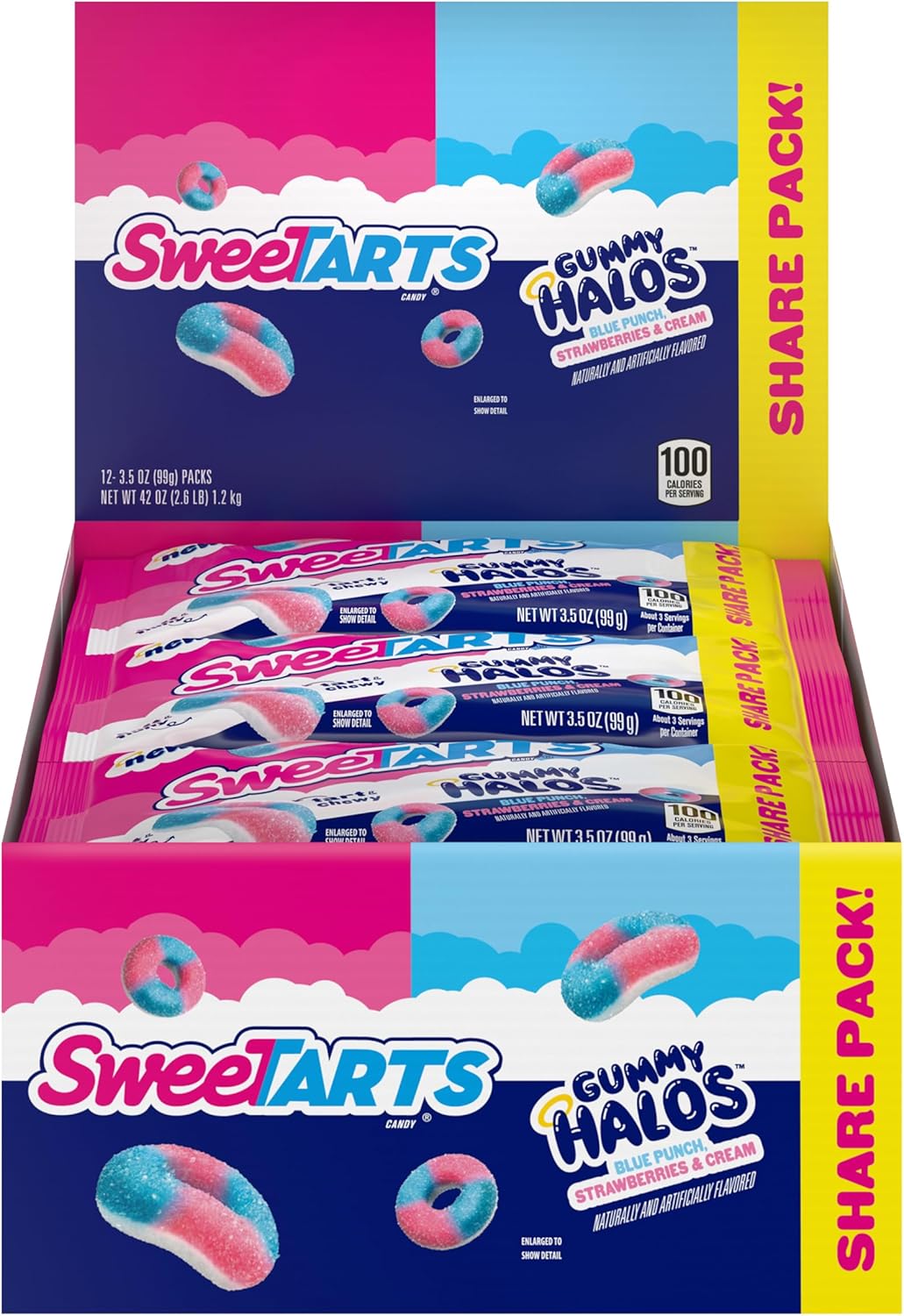 SweeTARTS Halos, Candy, Blue Punch and Strawberries and Cream, Tart and Chewy, Soft and Fluffy, 3.5 oz (12 count)