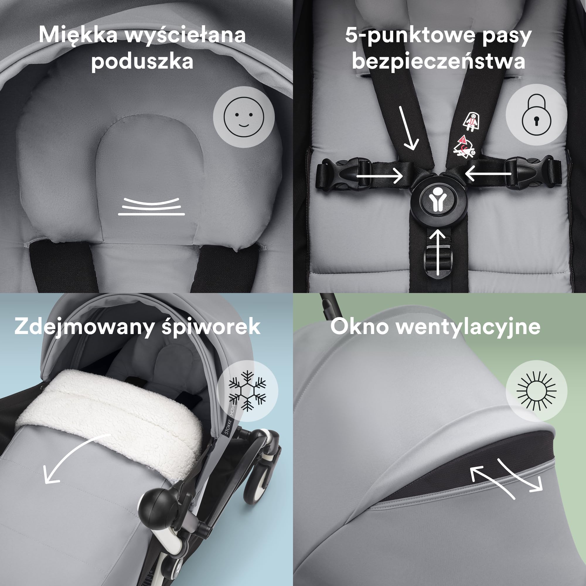 Stokke YOYO 0+ Zestaw dla noworodka, Stone - zawiera materac, rozkładany daszek, pięciopunktowe pasy bezpieczeństwa - wymaga stelaża YOYO (sprzedawany oddzielnie)