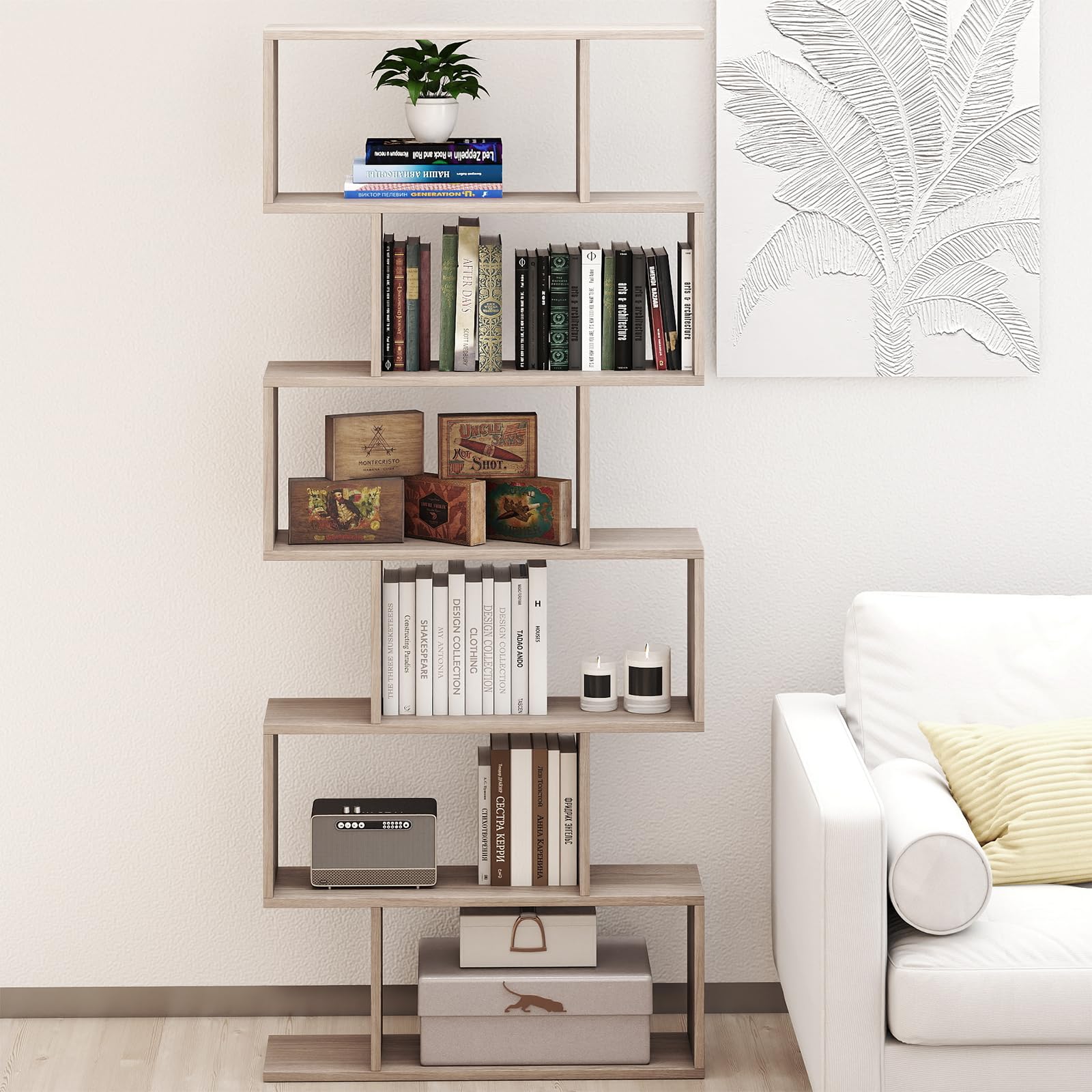 COSTWAY Scaffale a 6 Ripiani, Libreria a Forma di S, Libreria Scaffale da Terra in Legno, Divisorio per Soggiorno, Camera da Letto, Ufficio, 80 x 23 x 192 cm (Quercia)