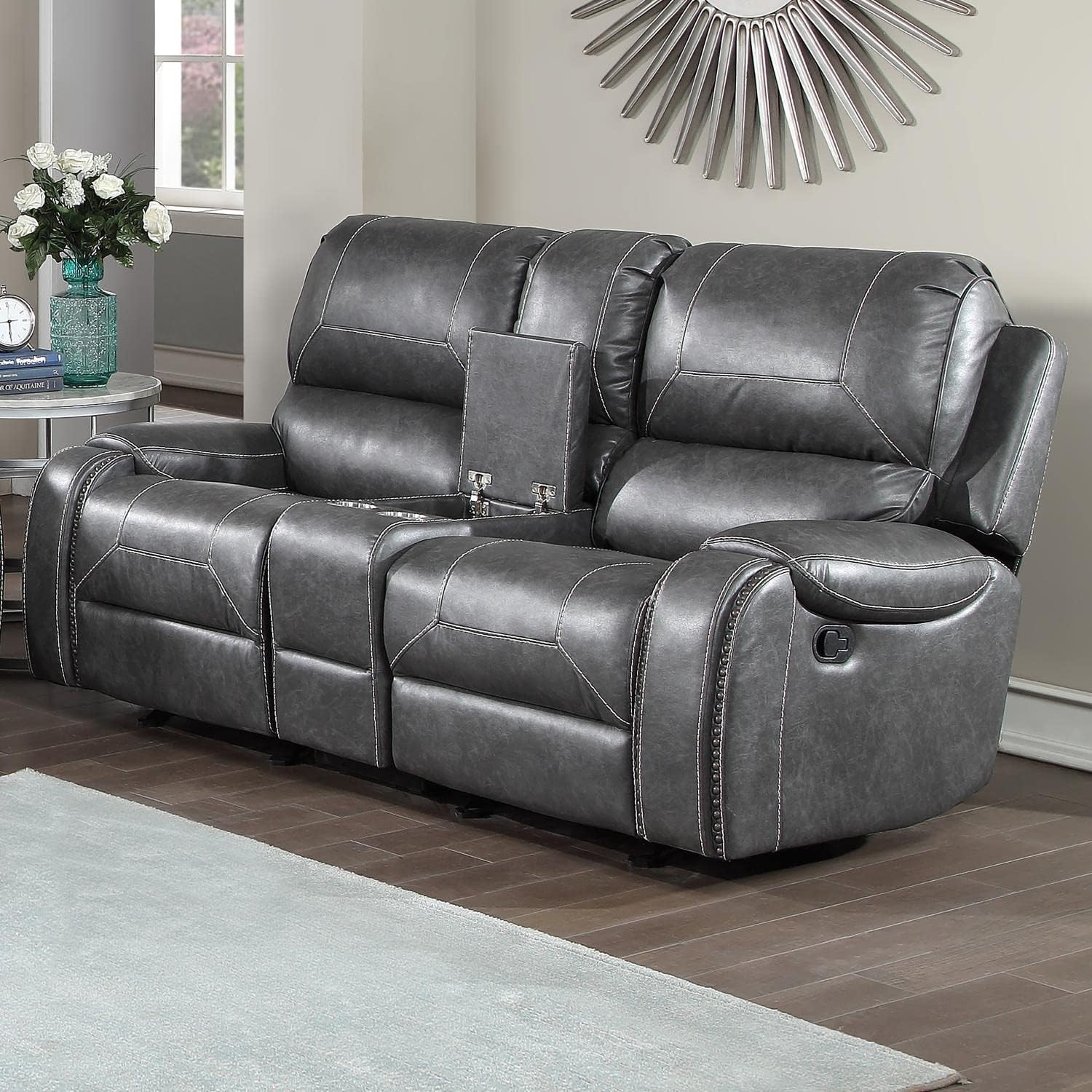 Steve Silver Keily Gray Manual Console Motion Glider Love Seats, Double Reclining Loveseat, 2 USB Charging Ports, 2-Cup Holders, for Living Room, Office, Home Theater, 39" D x 78" W x 41" H, Grey