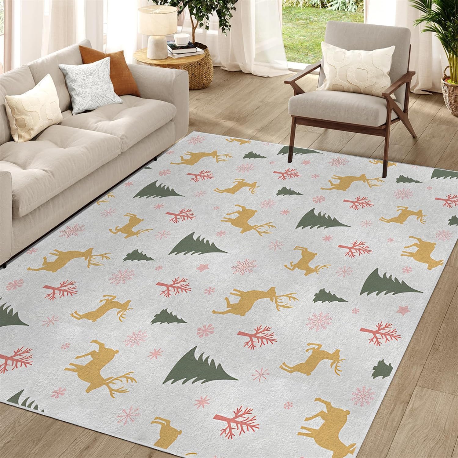 Tapis Thème de Noël au Pied du Sapin : Créez un Salon Chaleureux avec le Cerf Carpet Lavable