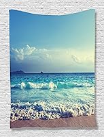 Vista 188 de Ambesonne Tapiz de isla tropical, olas del océano en la playa de Seychelles al atardecer horizonte, decoración de tela para colgar en la pared
