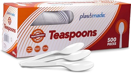 500 cucharaditas Plastimade White - Cuchara desechable de plástico extra pesada, ideal para bodas, catering, fiestas, bufetes, eventos o uso diario,