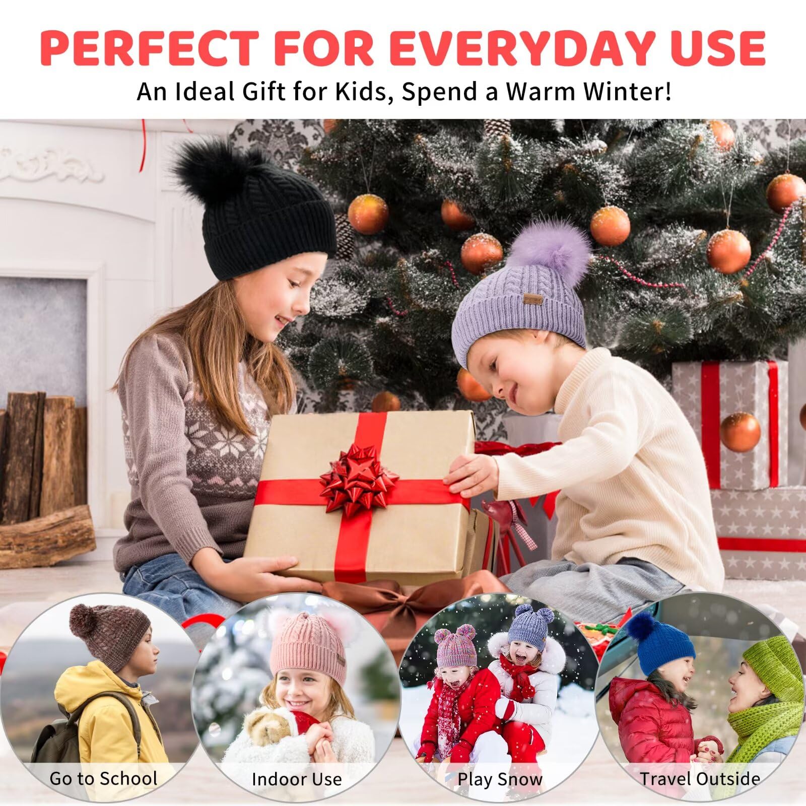 Gorro de invierno para niños pequeños, gorro con doble pompón y forro polar cálido, accesorios para niñas, gorro de punto