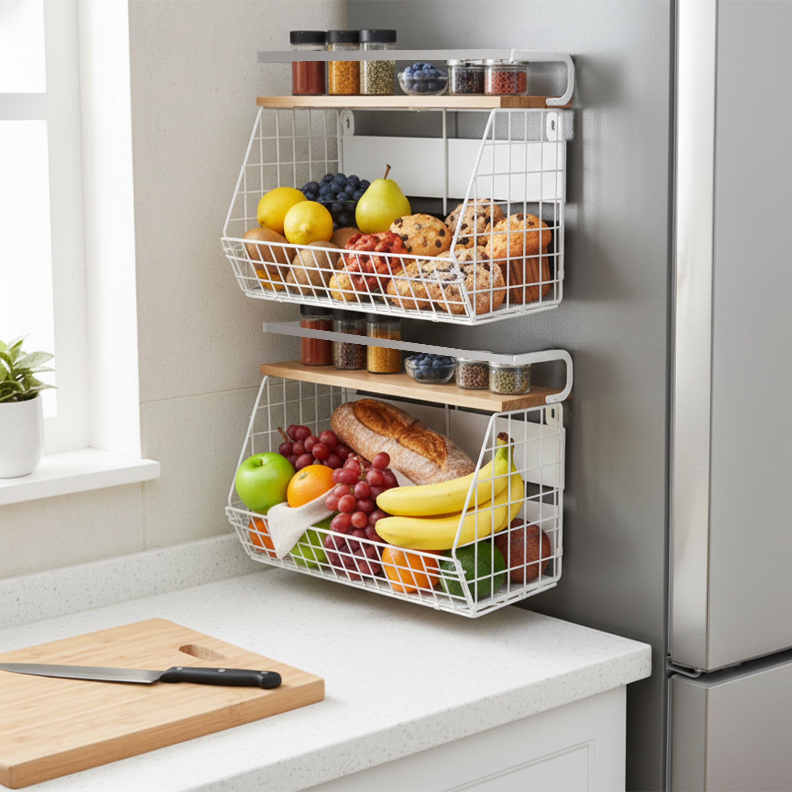 Relaxdays Frutero magnético de Pared, Set de 2, Madera/Metal, 30x35,5x21 cm, Blanco/Natural