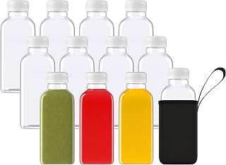 Dishwasher Safe Plastic Juice Bottles with Lids, Free Insulated Bottle Holder, Hot or Cold Drinks, 12pcs 16oz Empty Clear BPA Free Reusable Containers with Caps for Smoothies, Milk and Other Beverages