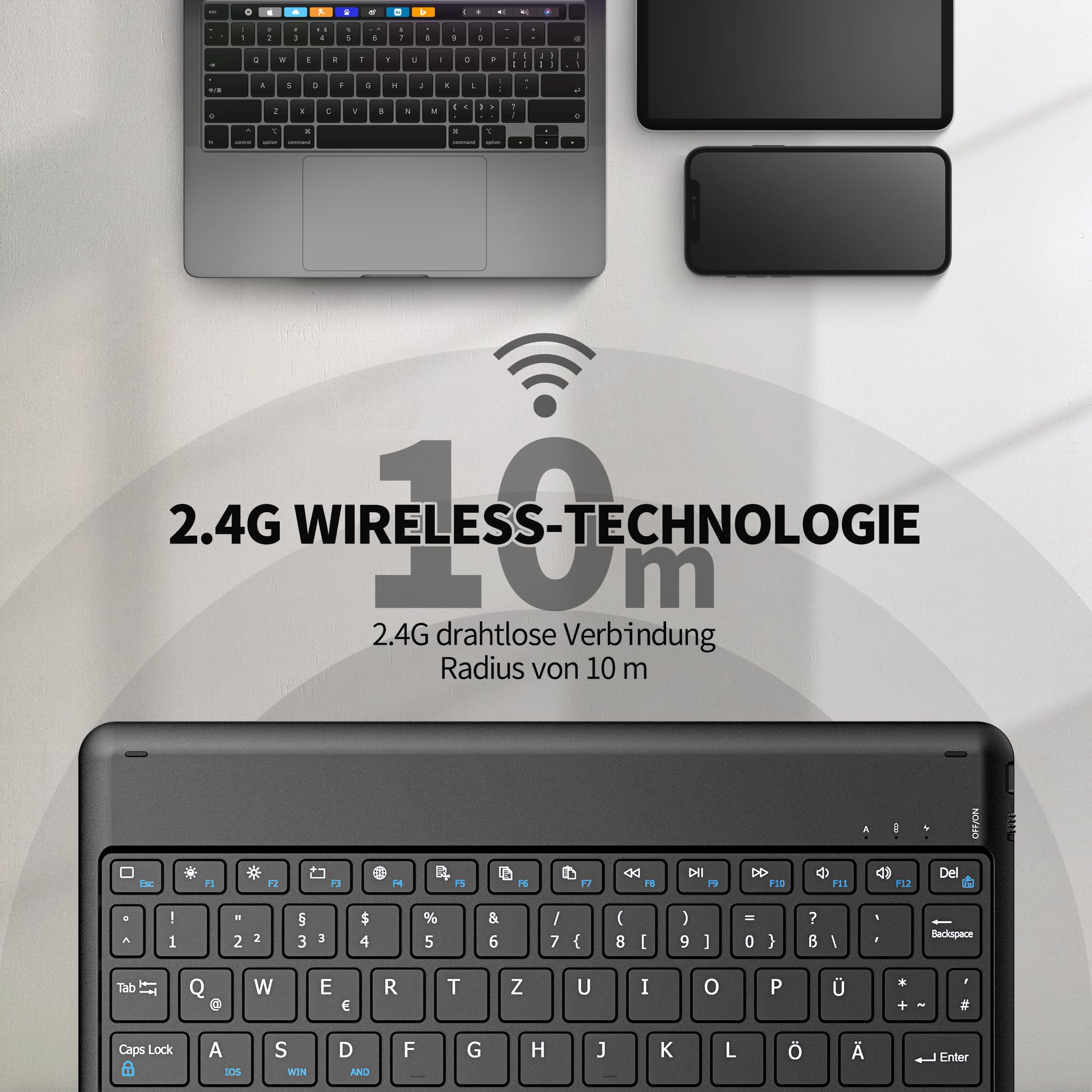 EasyAcc Clavier Bluetooth Allemand pour iPad Air/iPad Pro/iPad 10/10.2/9.7/iPhone/Samsung/Android, Rechargeable, QWERTZ, Portable, sans Fil, Ultra Fin, Noir