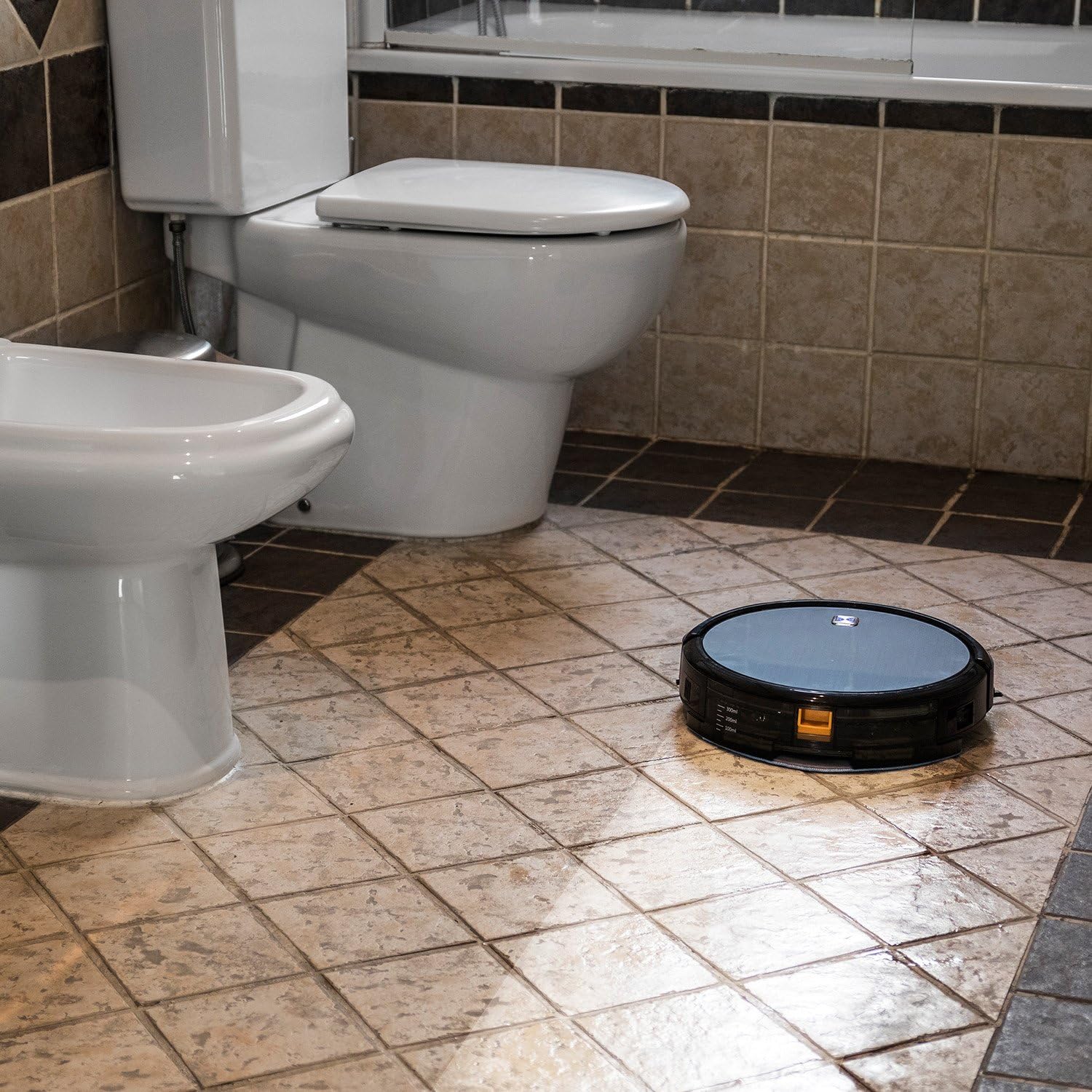 Conga Excellence 990 Robot Vacuum Cleaner mopping a tiled bathroom floor