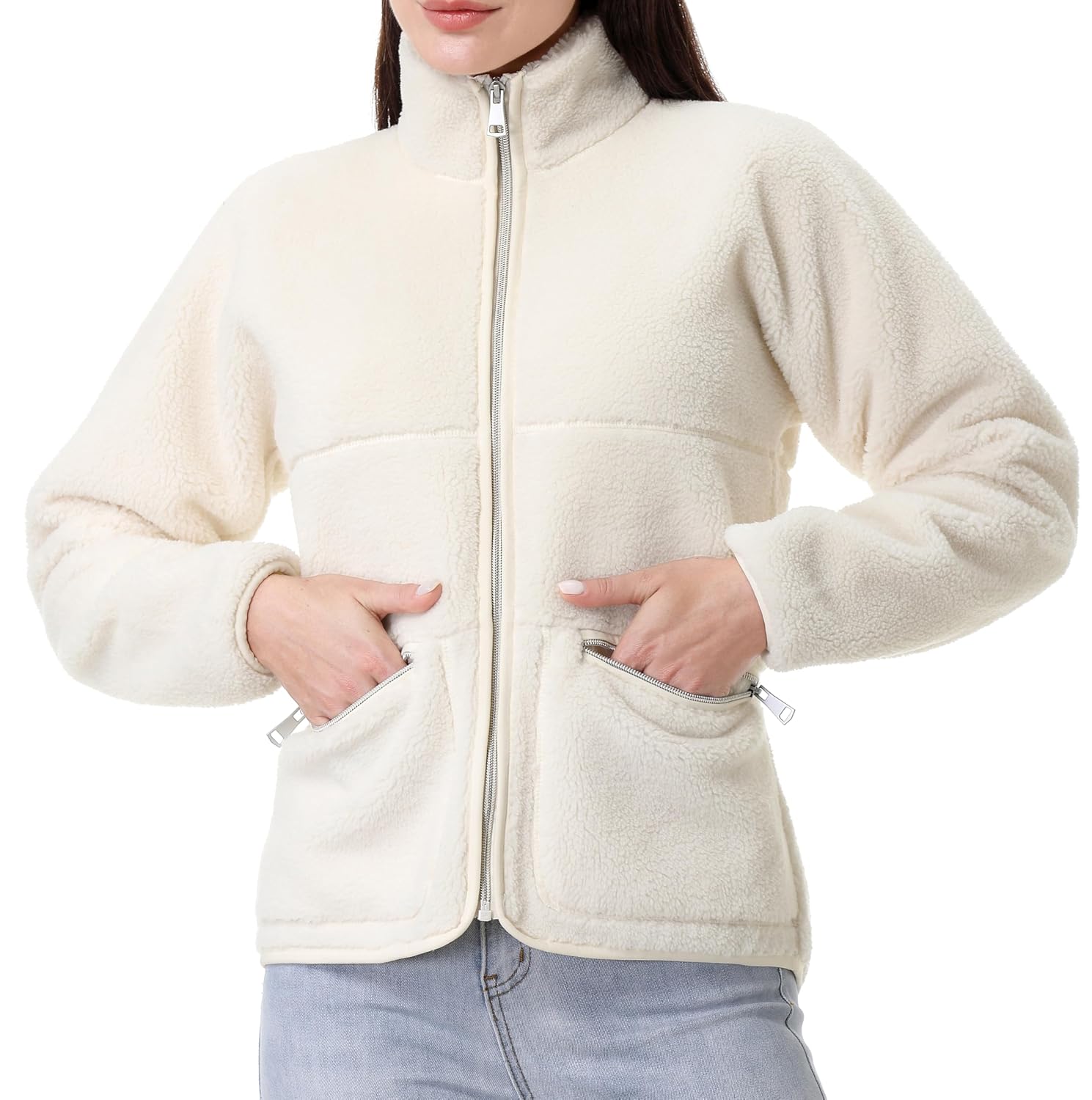 GIMECEN Jaqueta feminina felpuda de lã de ovelha com zíper e manga comprida, casaco polar macio com bolsos com zíper - Imagem 4