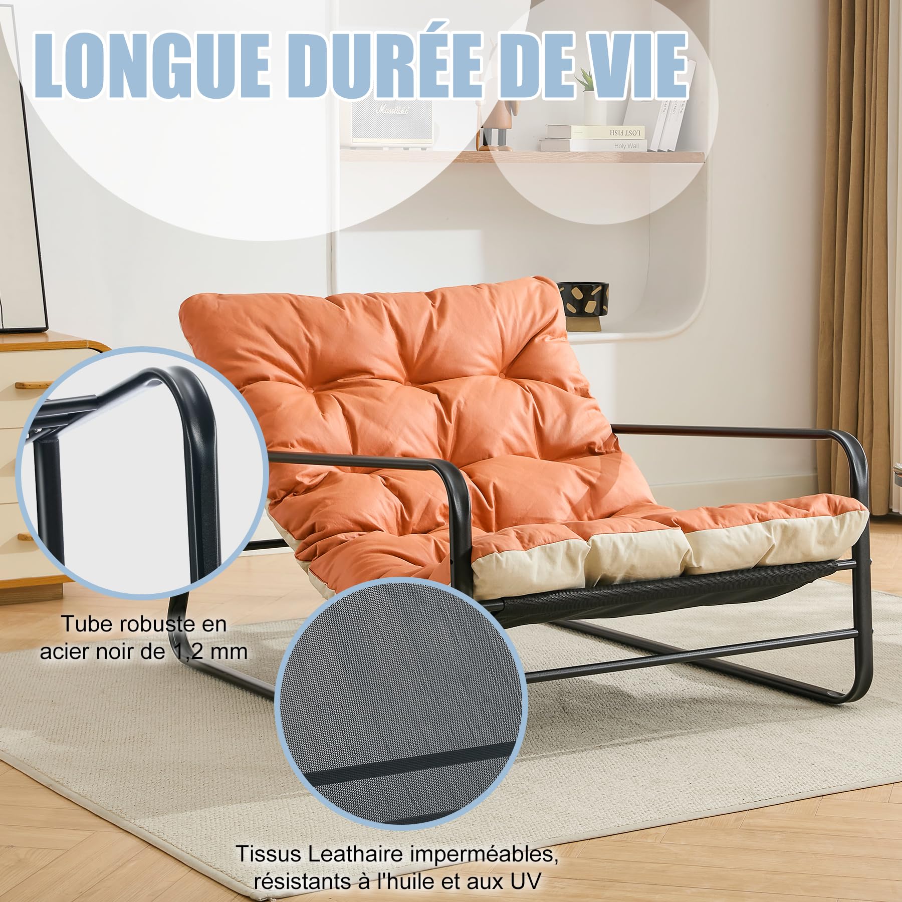 Fauteuil Jardin Exterieur avec Coussin réversible, Imperméable, Anti-Rouille rembourrée en Acier pour 2 Personnes pour Terrasse Salon Balcon- Capacité de Charge maximale de 160 kg, Orange et Beige