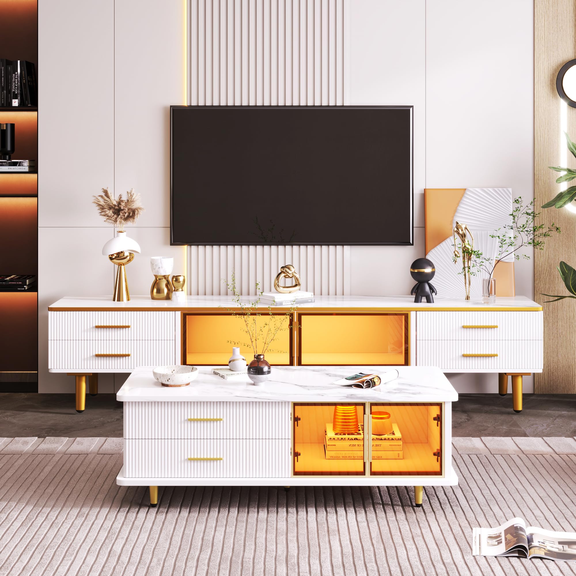 BTM Table Basse Salon avec LED, Table Basse Blanc Moderne avec 2 Portes et 2 Tiroirs, Texture Marbré et Designs Dorés, Charge 80kg, 100x50x40 cm, Blanc