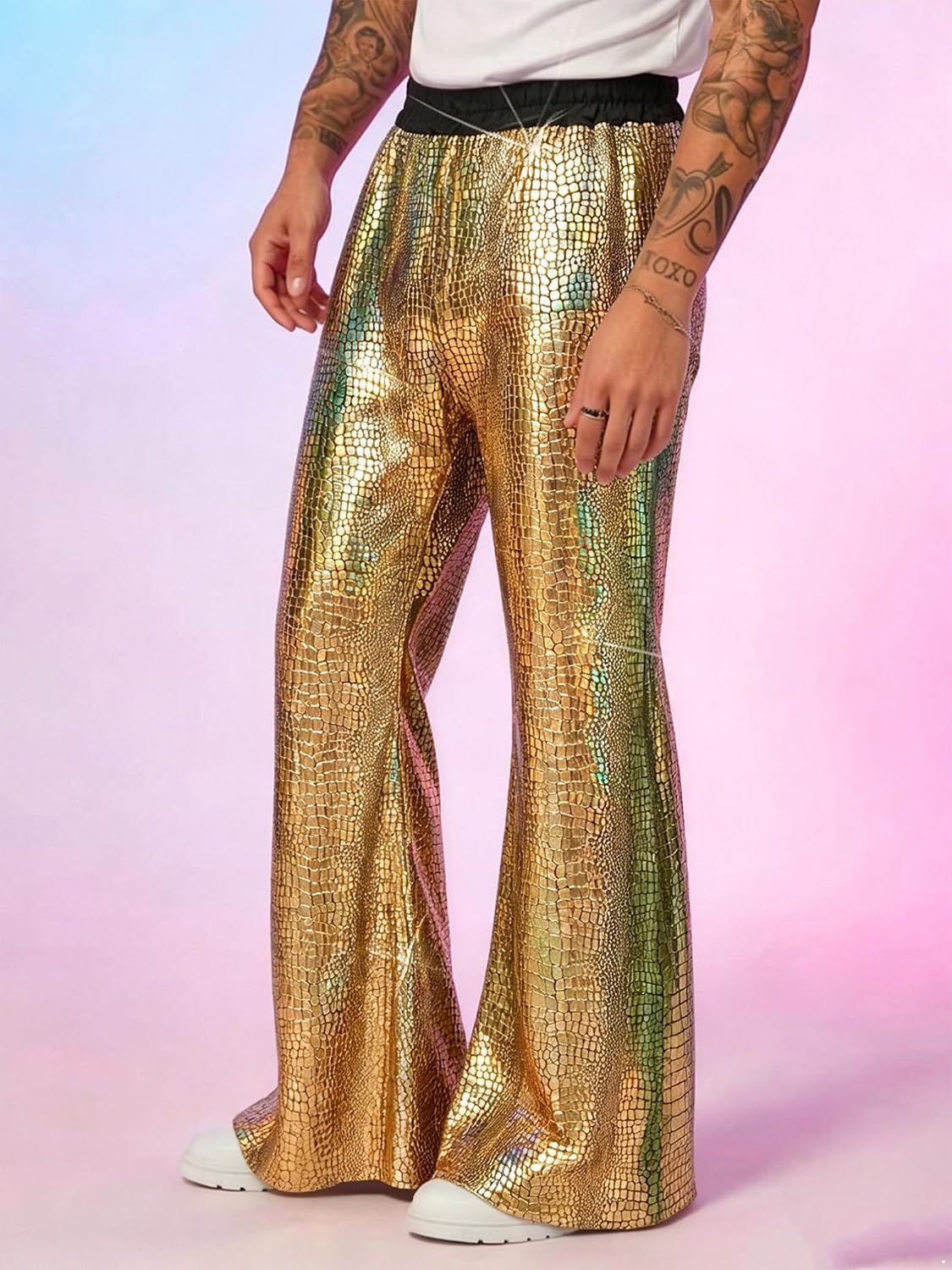 ranrann Mens Sparkling Sequin Disco Pants Flared Bell Bottom