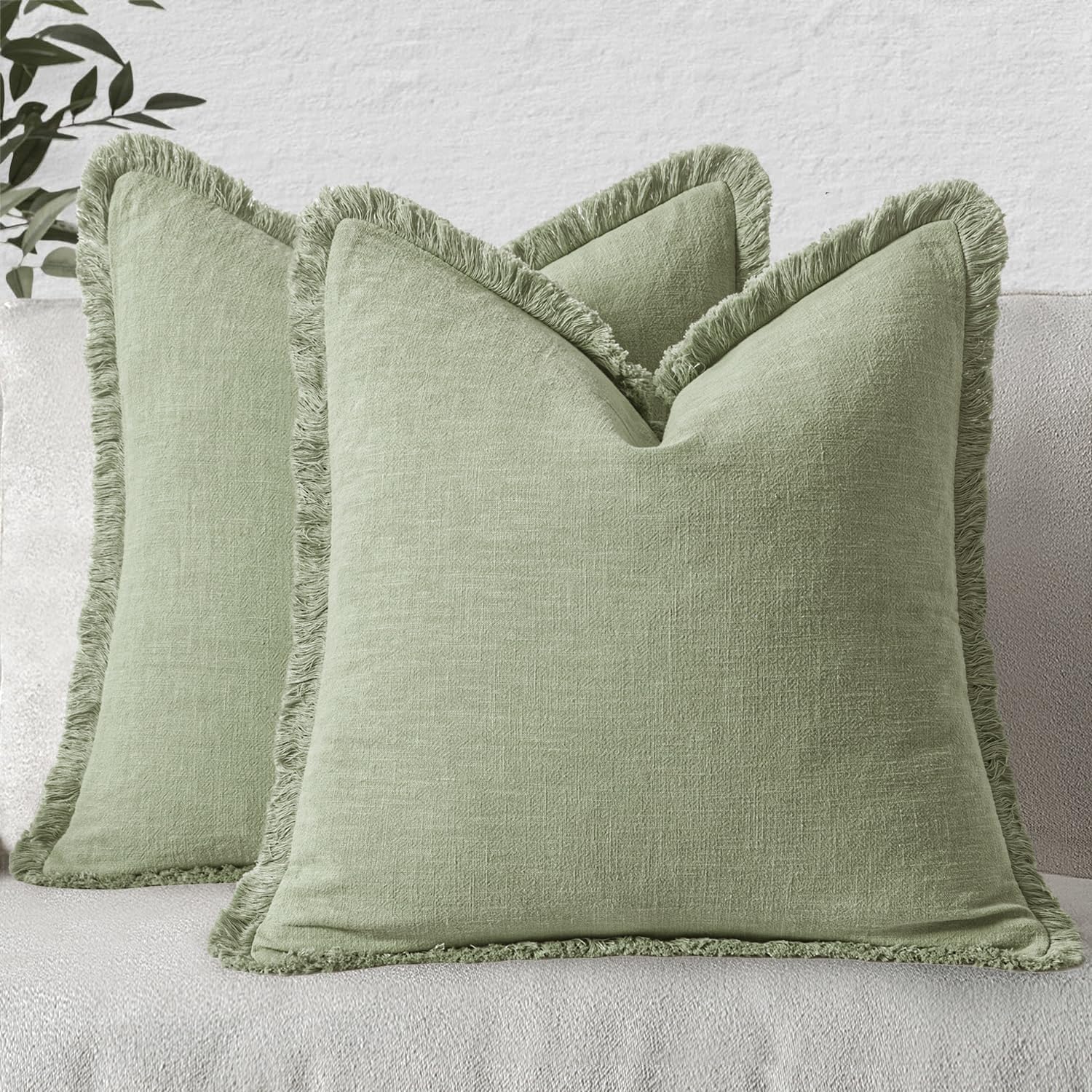 MIULEE Boho Linen Fringe Decorative Throw Pillow Covers Sage Green 20x20
