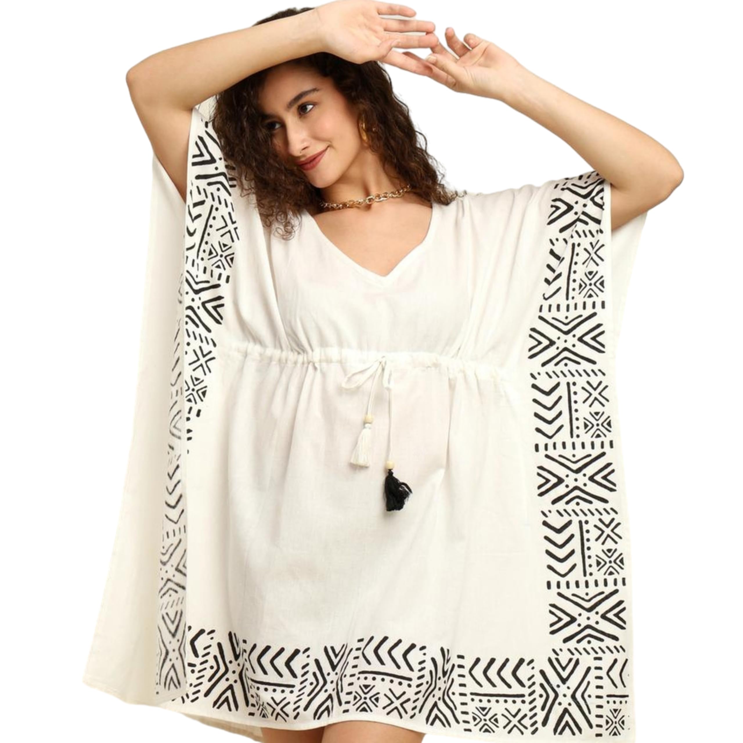 KE KANHA EXPORTS|Western Dress for Women|Cotton Short Kaftan Dress|Beach Wear Dress|Boho Border Print|Drawstring Tassel|Fits M-2XL Easily