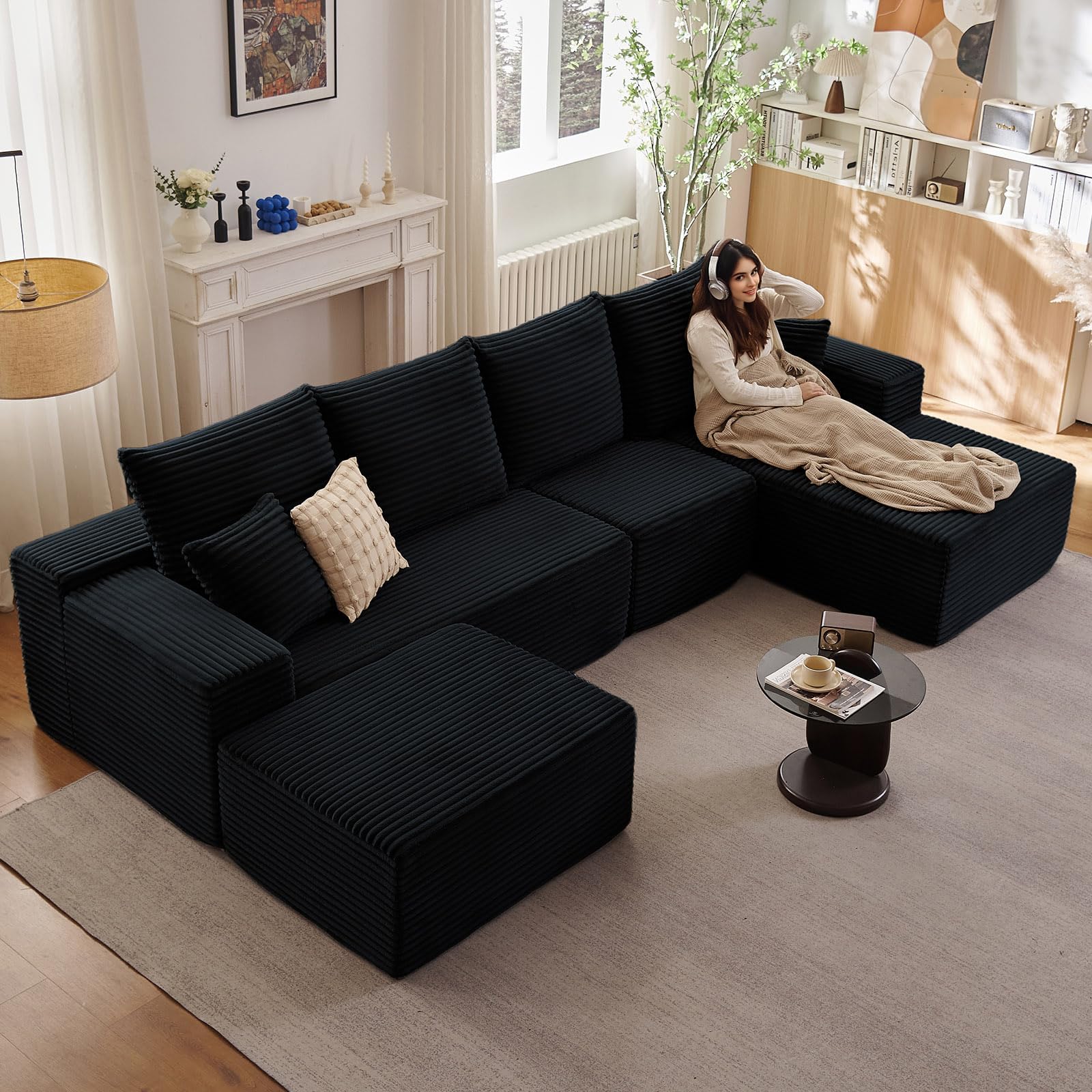 135" Modular Sectional Sofa with U Shaped Chaise, Upholstered Couches for Living Room with Deep Seat, No Assembly Required, Corduroy Cloud Couches, Black (Right-Facing Chaise