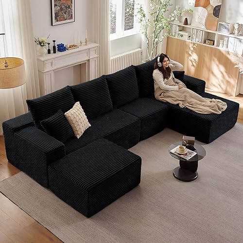 135" Modular Sectional Sofa with U Shaped Chaise, Upholstered Couches for Living Room with Deep Seat, No Assembly Required, Corduroy Cloud Couches, Black (Right-Facing Chaise