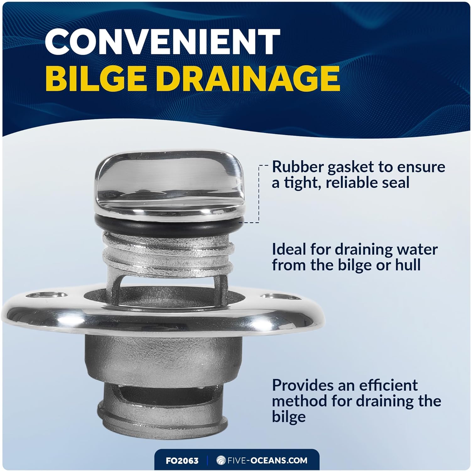 Five Oceans Kayak Drain Plug - Boat Plug, Stainless Steel, Silver, 1-1/4-Inch Transom Hole, Oval Shape, Thread with Rubber Washer Gaskets - FO2063