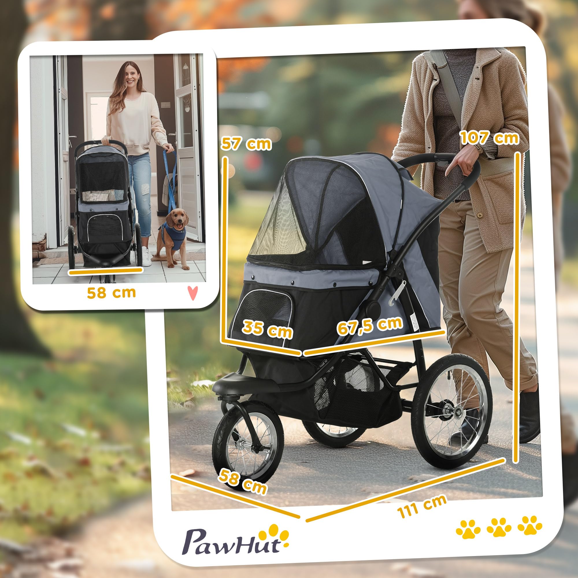 Poussette pour chien PawHut, poussette pour chat avec réflecteurs, poussette pliante pour chien avec panier de rangement, protection solaire, fenêtre en filet, trolley pour petits et moyens chiens,