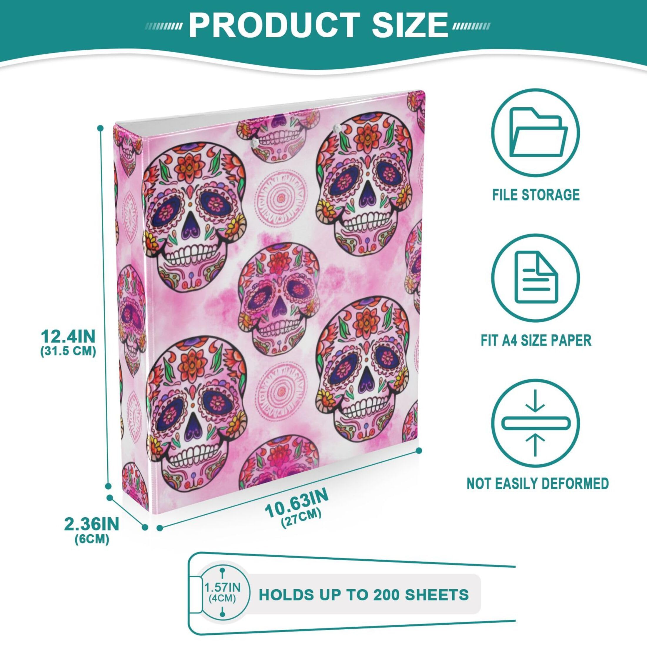 Intricately Sugar Skulls - Raccoglitore a 3 anelli con 3 anelli da 3,8 cm, contiene 200 fogli di cartelline rotonde ad anelli, 31,5 x 27 x 6 cm, confezione da 2