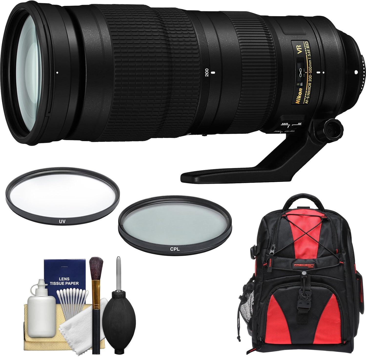 Nikon 200500mm f/5.6E VR AFS ED Nikkor Zoom Lens with Backpack + Filters Kit = D3300, D5300