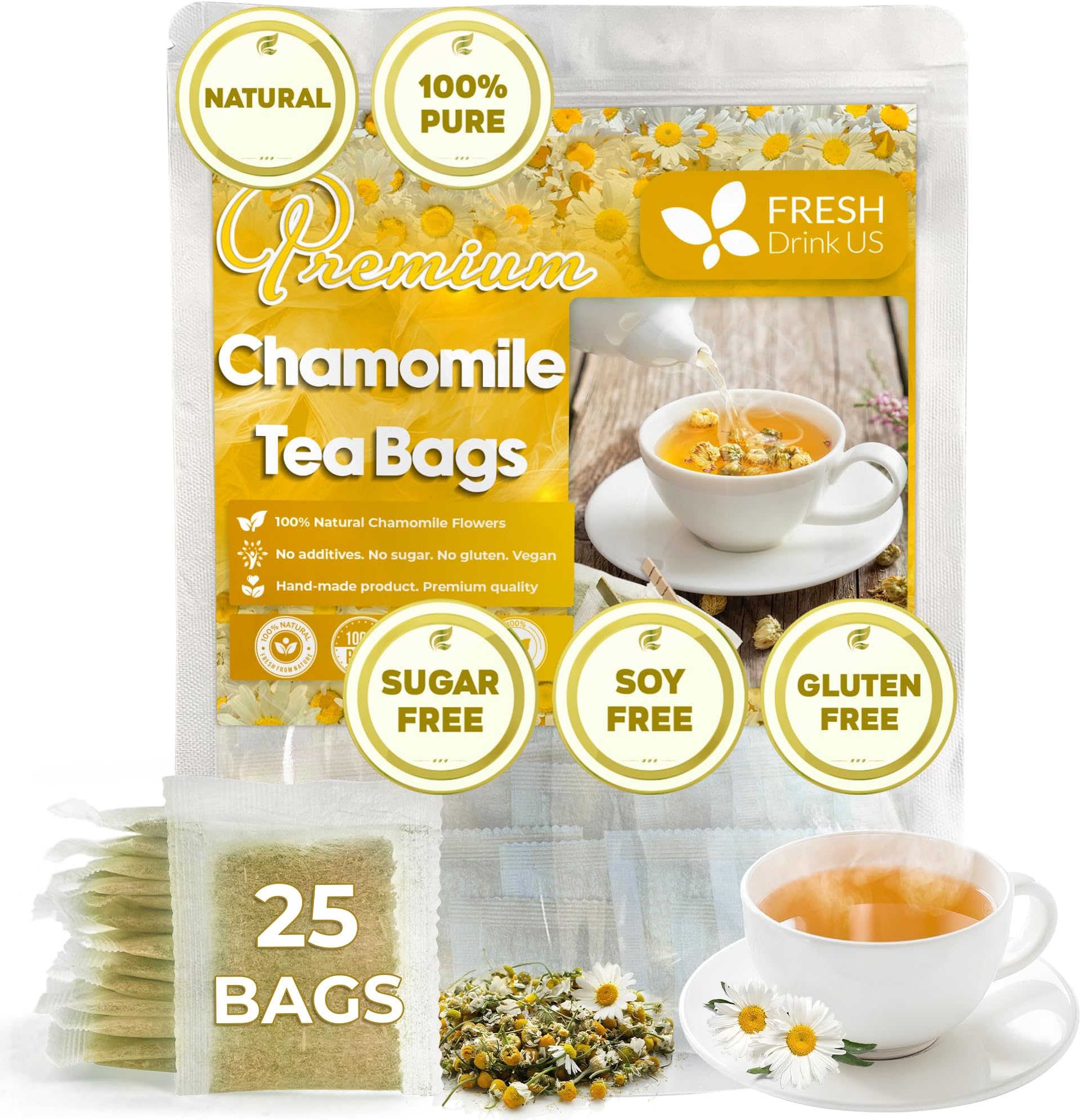 FRESHDRINKUS, Premium 25 Chamomile Tea Bags, 100% Natural and Pure Chamomile Flowers, Eco-conscious Tea Bags. Chamomile Flower Herbal Tea. No Sugar, No Caffeine, No Gluten, Vegan.