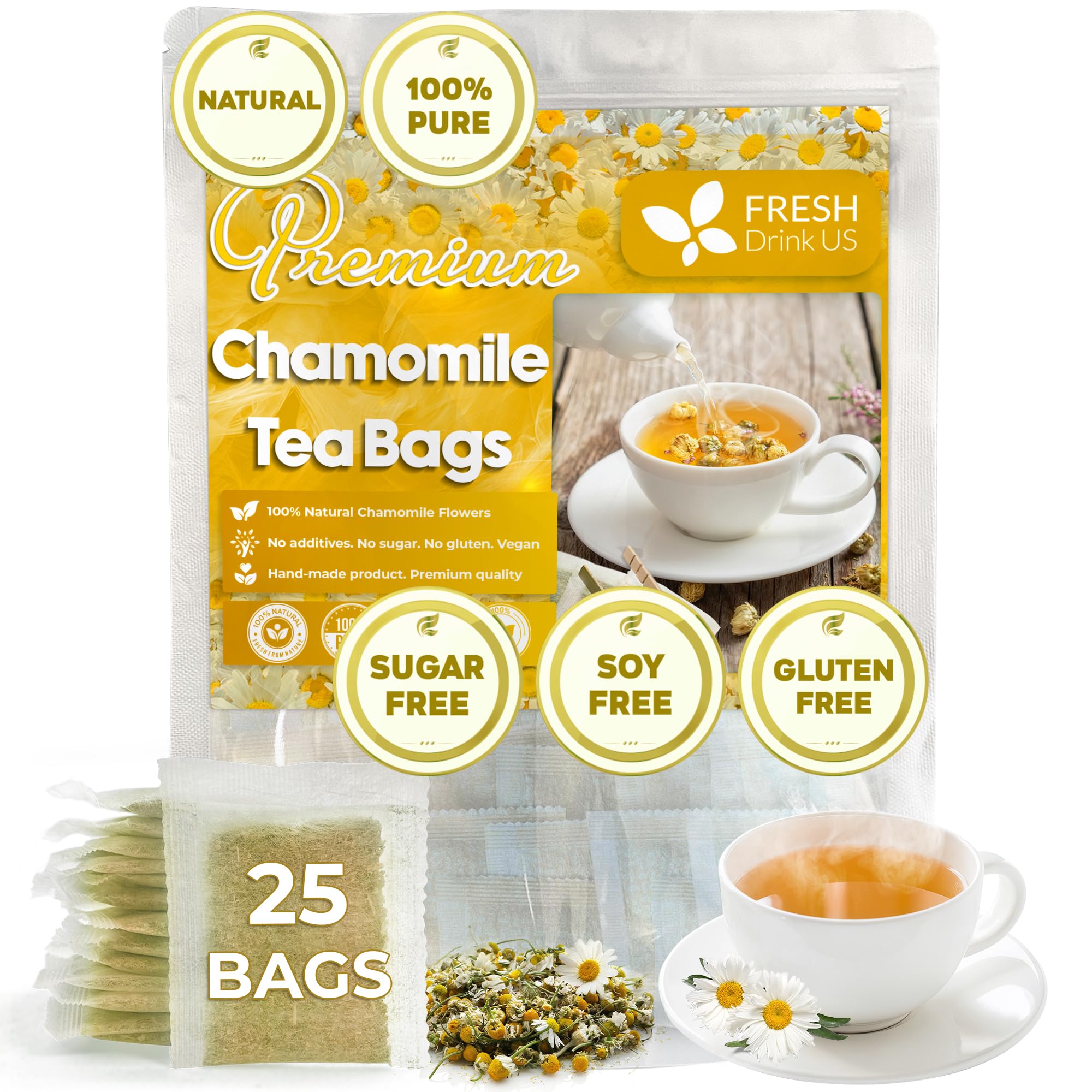 FRESHDRINKUSPremium 25 Chamomile Tea Bags, 100% Natural and Pure Chamomile Flowers, Eco-conscious Tea Bags. Chamomile Flower Herbal Tea. No Sugar, No Caffeine, No Gluten, Vegan.