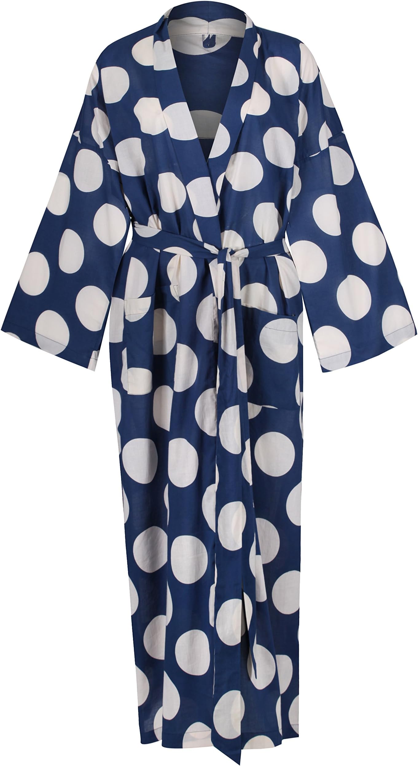 Ladies Lightweight Cotton Dressing Gown - Kimono Robe - 100% Hand Printed Organic Cotton/White Spots on Blue. One Size: UK 10-18 / Europe 38-46