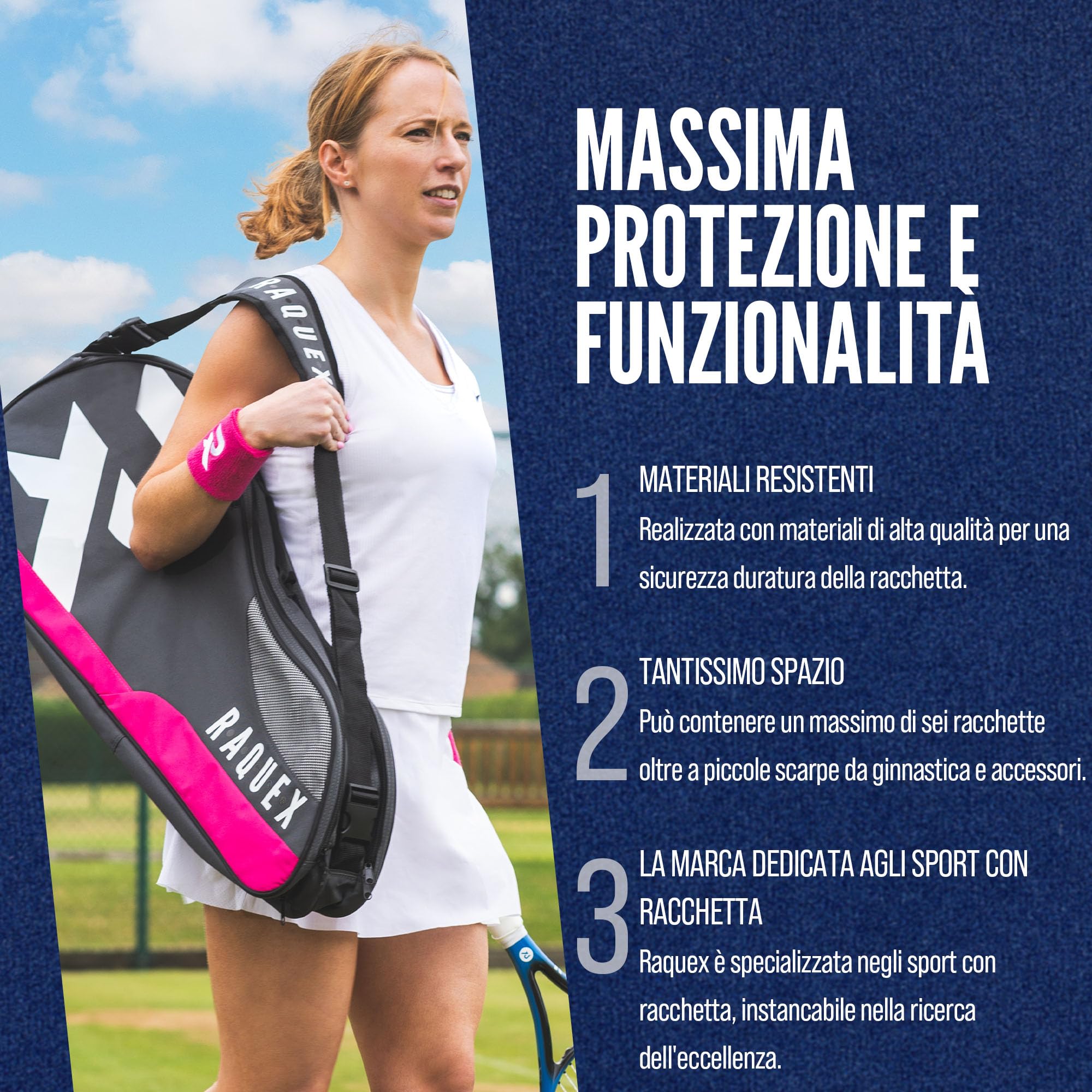 Raquex Borsa da Tennis – Borsa Racchette per Tennis, Badminton e Squash. Blu, Nero o Magenta. Borsa da Badminton, può contenere fino a 6 racchette + accessori + scarpe da ginnastica