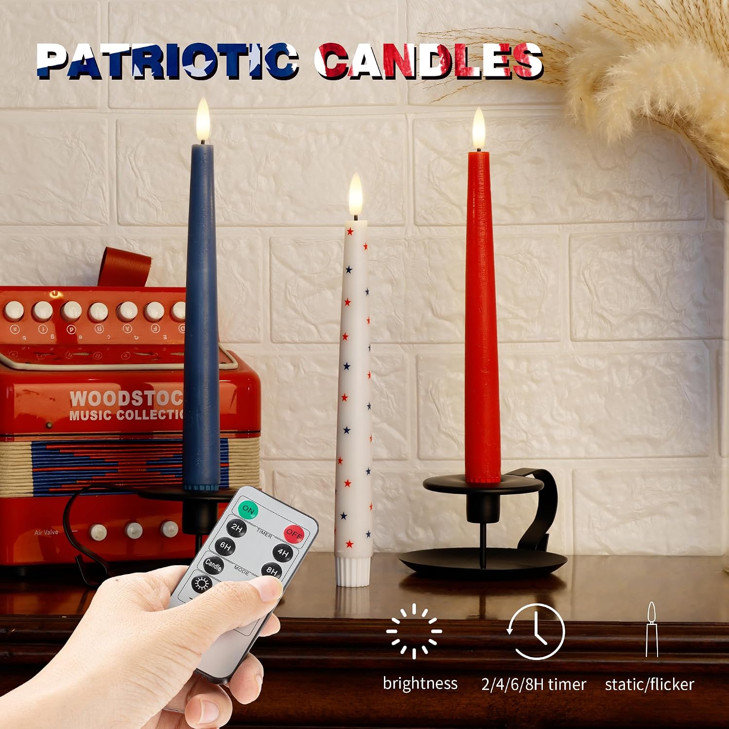 Red White and Blue Star Candles, Flameless Taper Candles with 3D Wick, Real Wax 4th of July Flameless Candles with Remote, 9.6" Battery Operated Patriotic Led Candlesticks, 3 Pack