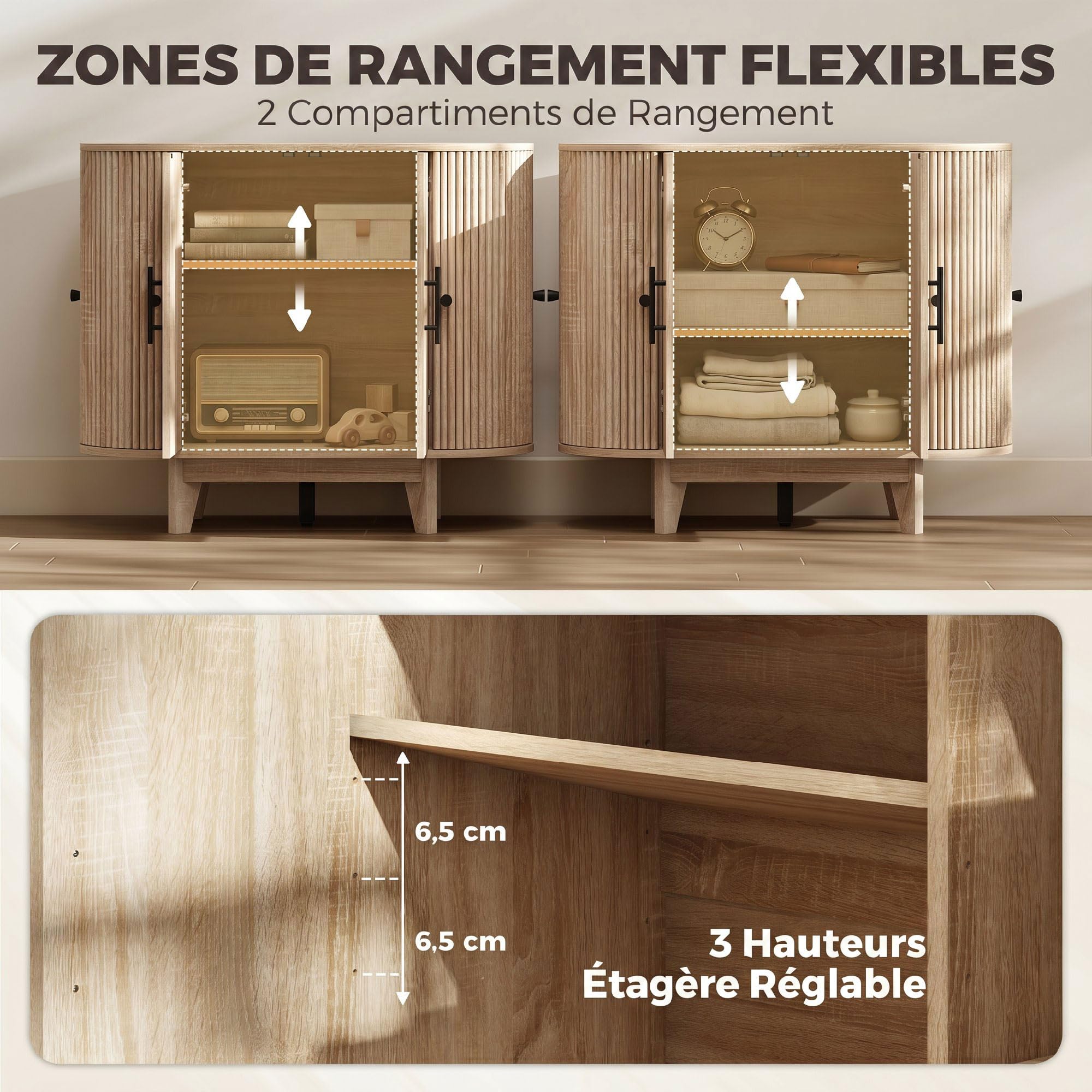 HOMCOM Buffet Salon, Meuble de Rangement Ovale avec 4 Portes et Étagère Réglable, 5 Pieds Stables, Style Moderne, Buffet Salle à Manger et Cuisine, 90x40x76cm, Chêne