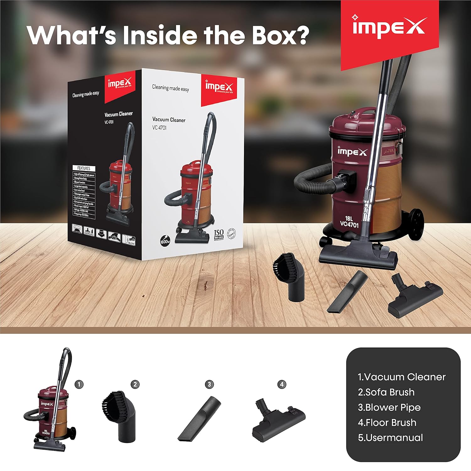Contents of the Impex VC-4701 Multipurpose Dry Vacuum Cleaner package.