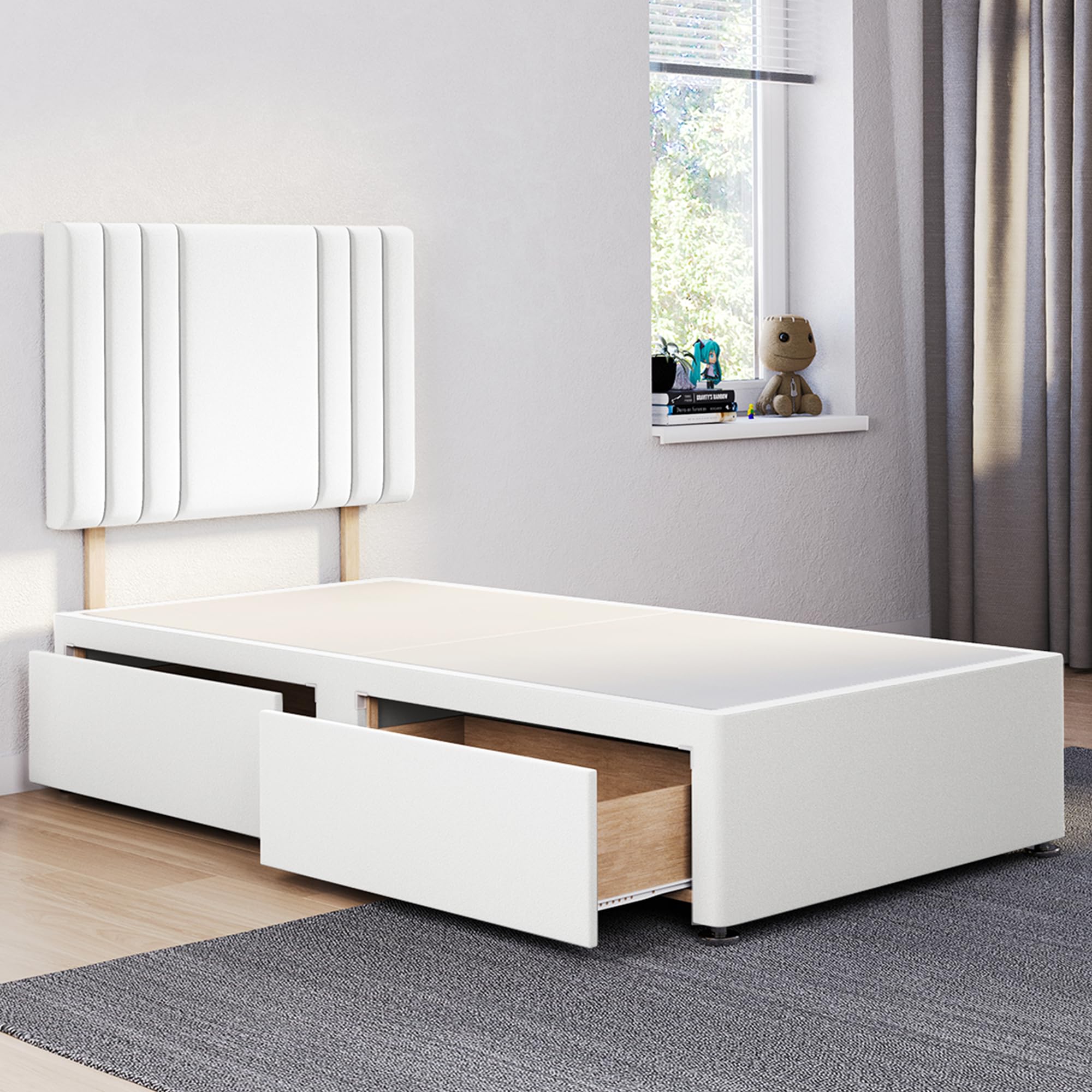 ComfoRest - Sophisticated 3FT Single Divan Bed with 2 Drawers & 24" Streak Headboard | Versatile Frame with Storage and a Sturdy Base for Modern Homes (White Plush)