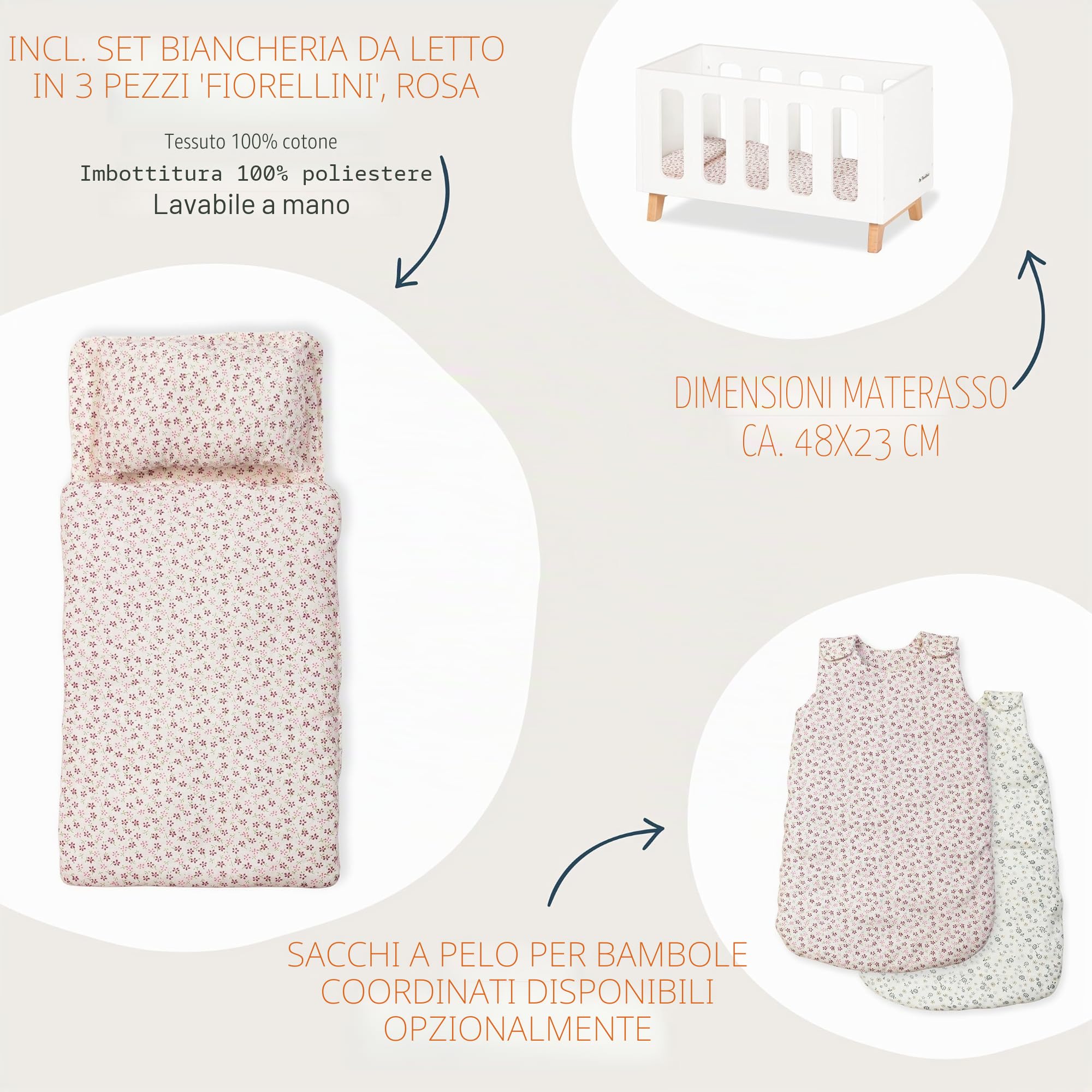 Pinolino Letto per bambola in legno Marit con 3 pezzi, consigliato per bambini 2+ certificato FSC (FSC-C120795), colore: bianco/trasparente