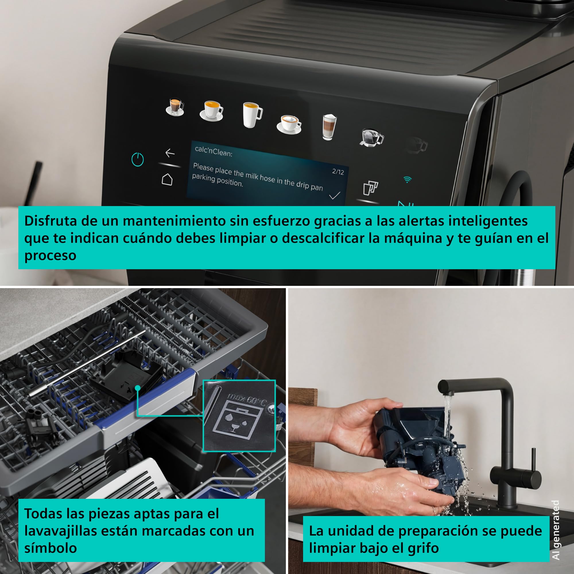SIEMENS, Cafetera superautomática EQ600 iAroma Negro, TP601E09 | Facil de usar y limpiar, con molinillo y pantalla tactil. Prepara dos tazas a la vez