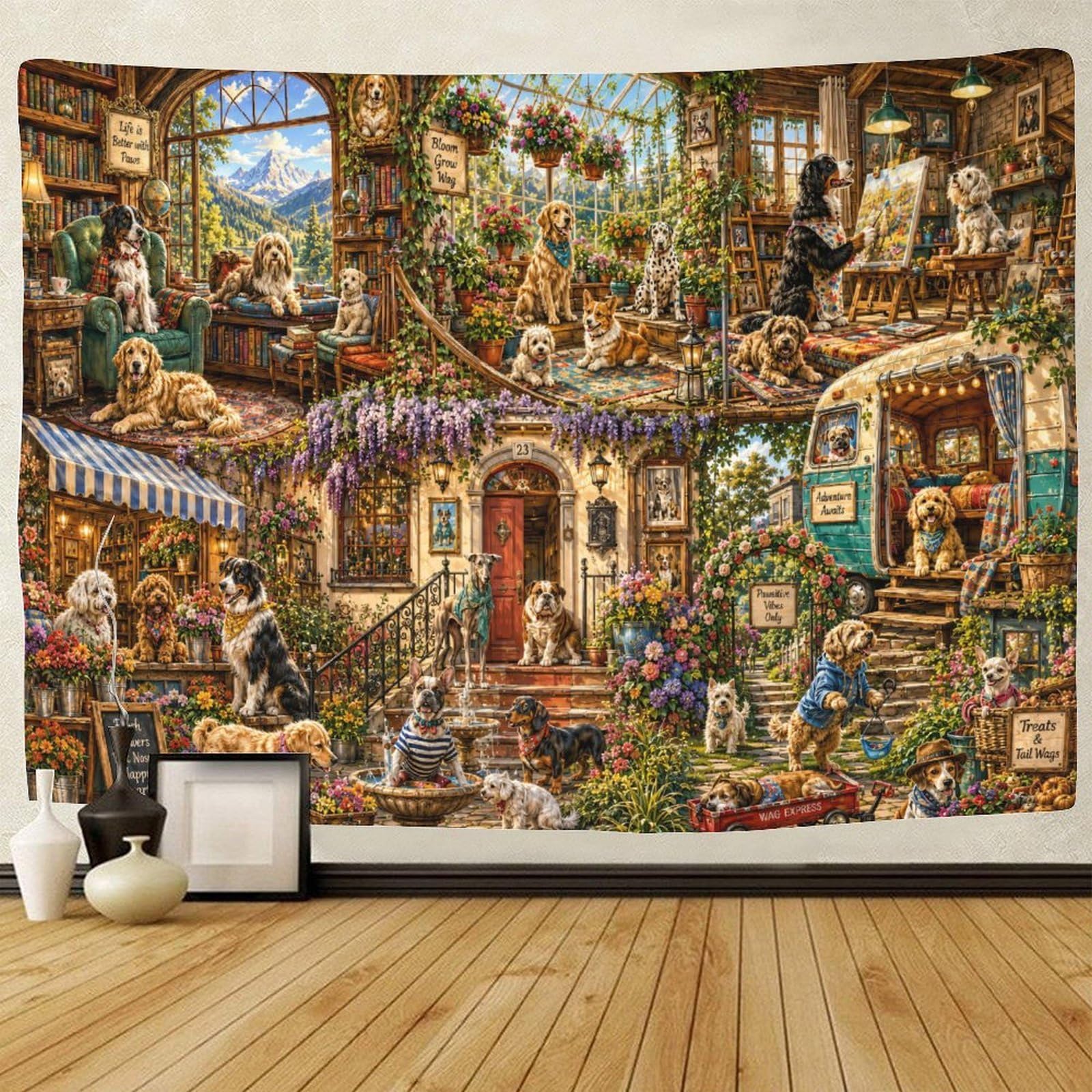 GPMNBCXZK Vibrant Dog Village Wall Hanging Decor 3D Print Tapestry for Bedroom Tapestries Poster Curtain Bedroom College Dorm 150cmx200cm