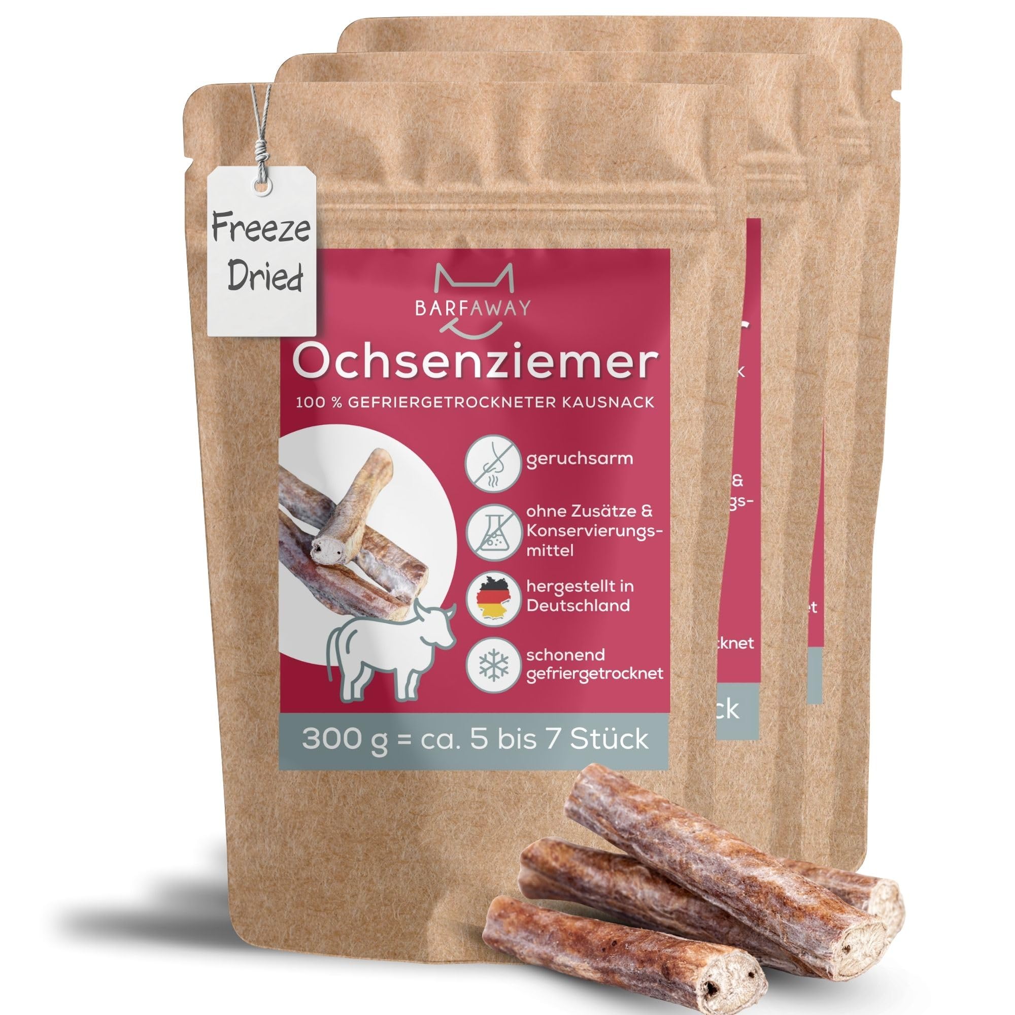 Ochsenziemer, gefriergetrockneter Langer Kausnack für Hunde, 100% natürlich ohne Zusätze, Deutsche Herstellung, geruchsneutral, 3er Pack (3 x 300 g)