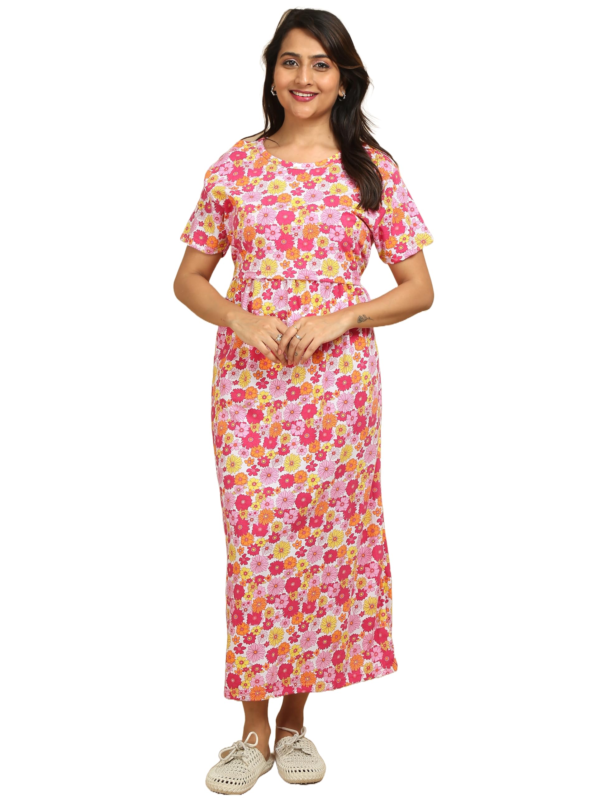 Mayaval Women's Cotton Maternity Nursing Dress Pink with Multicolor Floral Print-picture-51
