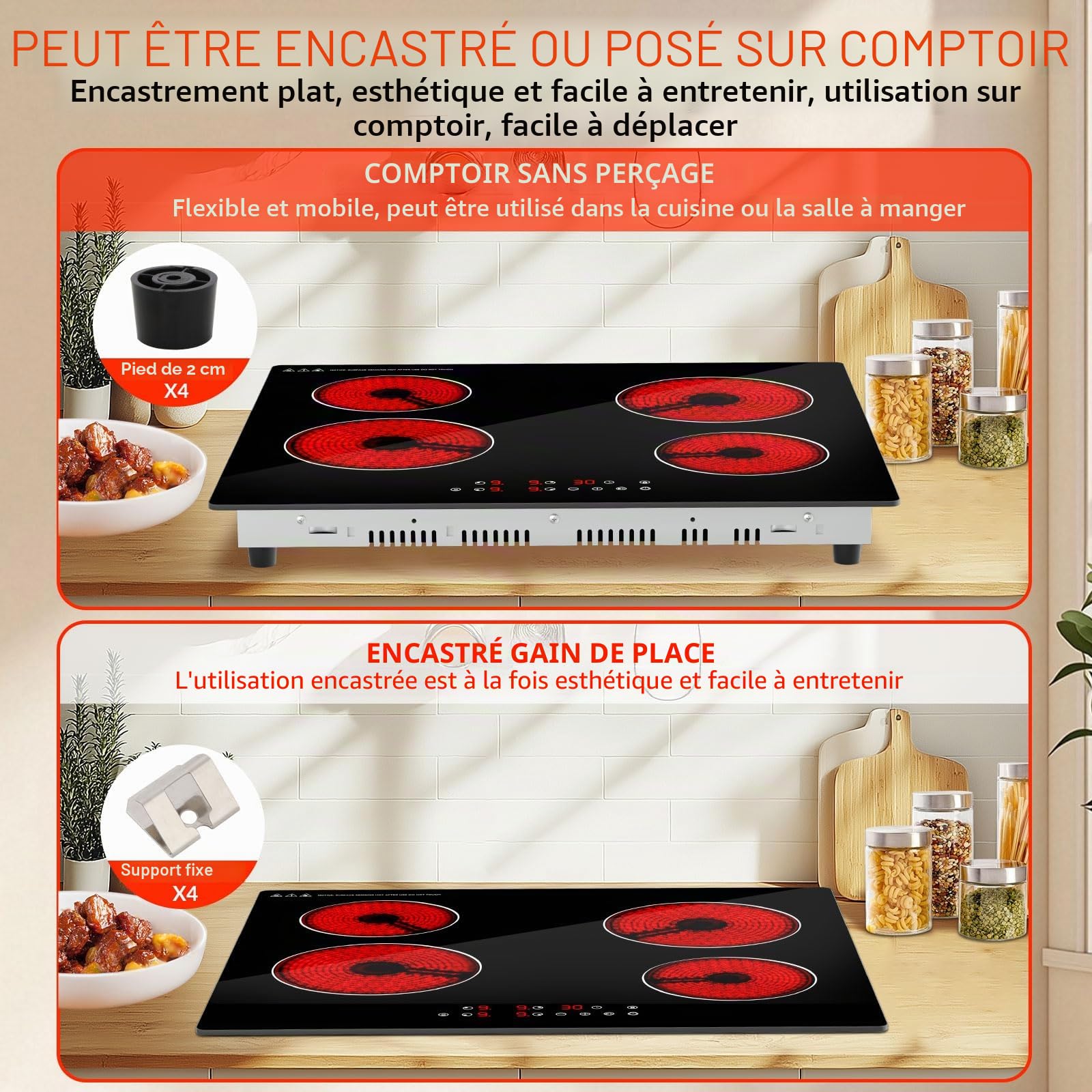 Plaque Vitrocéramique 4 Feuxs Encastrable, Plaque 6000W avec 9 Niveaux de Puissance, Maintien au Chaud, Minuterie, Contrôle Tactile, Sécurité Enfants Pour Toutes les Casseroles