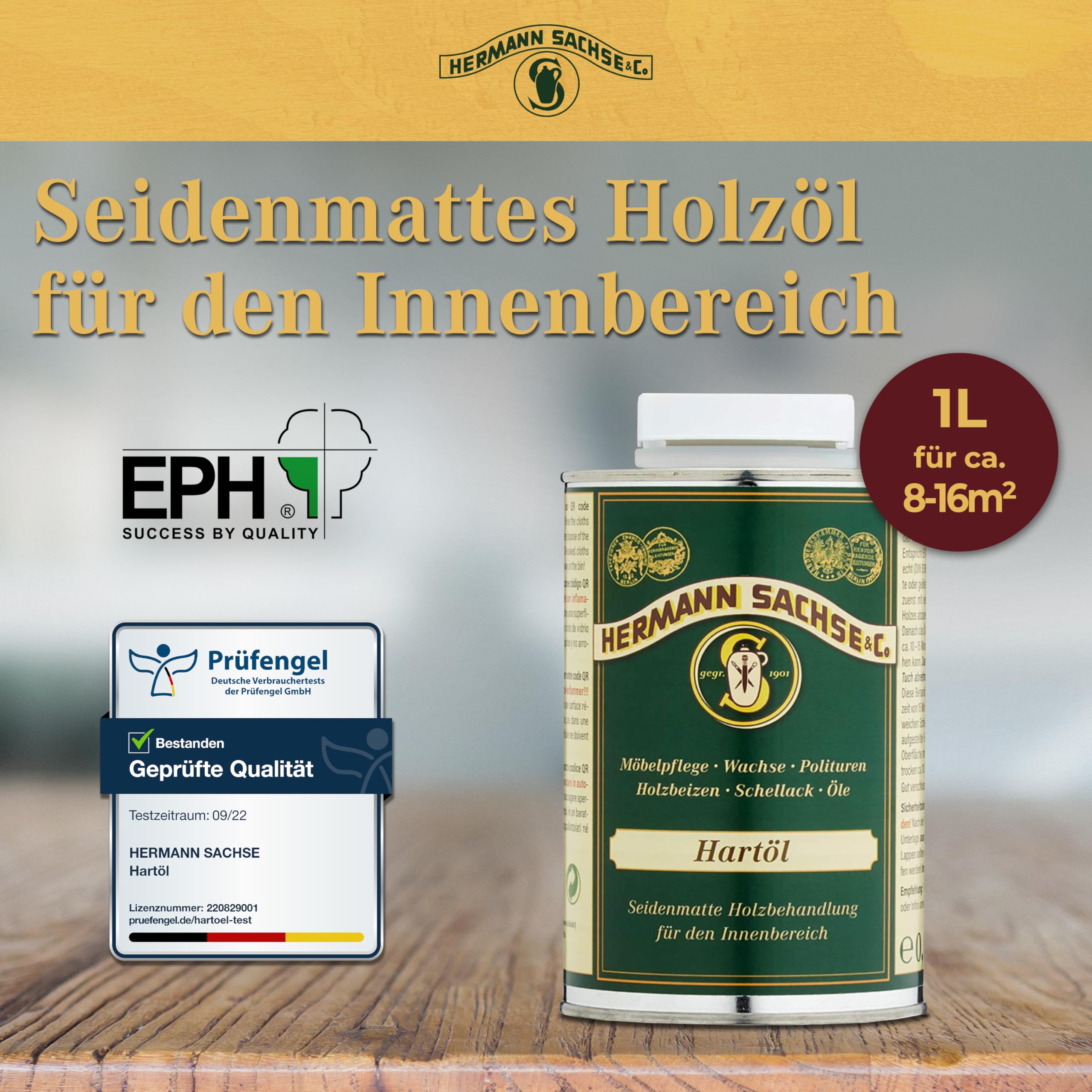 Hermann Sachse Olej do drewna 1 L – twardy olej do wnętrz – olej do blatów i mebli do stołów – olej lniany do ochrony drewna – zasięg ok. 8–16 m²