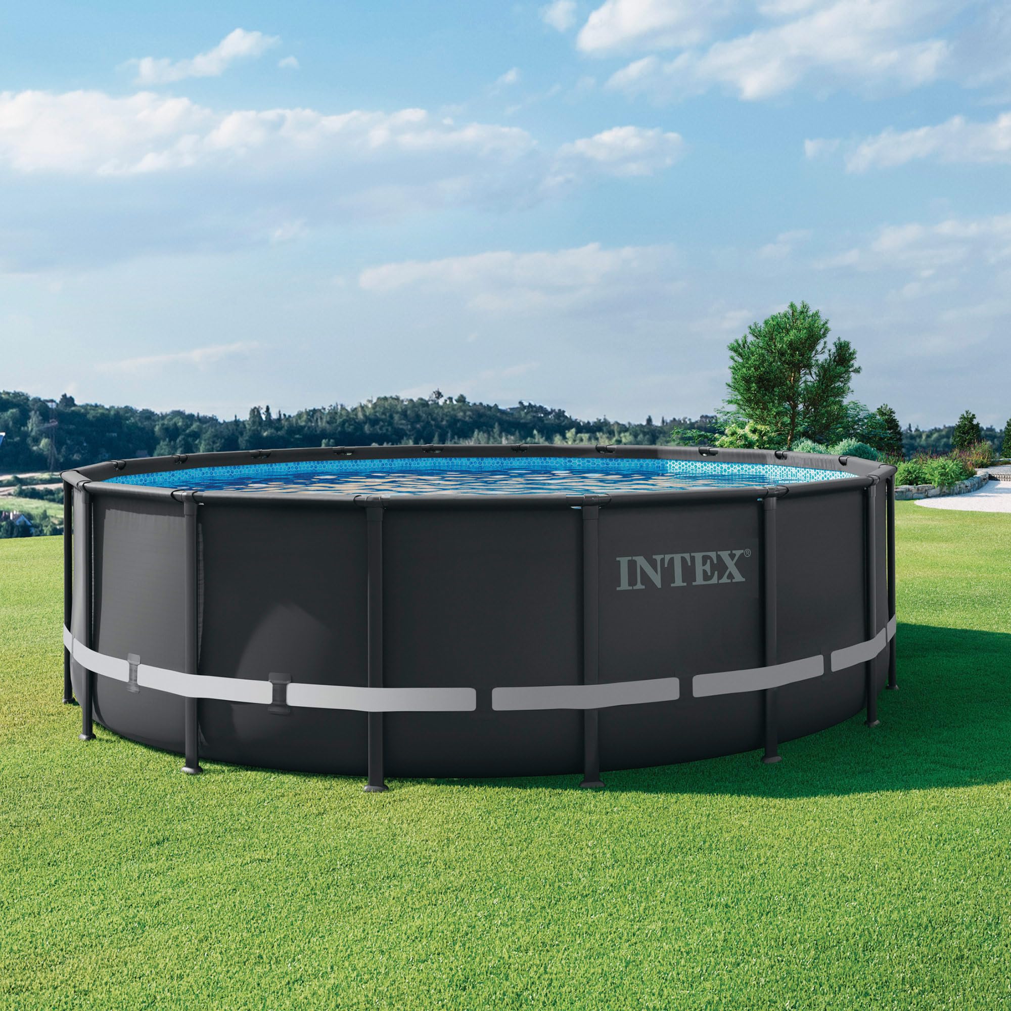 Intex 26330NP – Piscina Fuori Terra Ultra XTR Frame Rotonda, Pompa Filtro 7900 L/h, Scaletta, Telo Base e Copertura, 26423 L, Acciaio e PVC, Grigio, 549x132 cm
