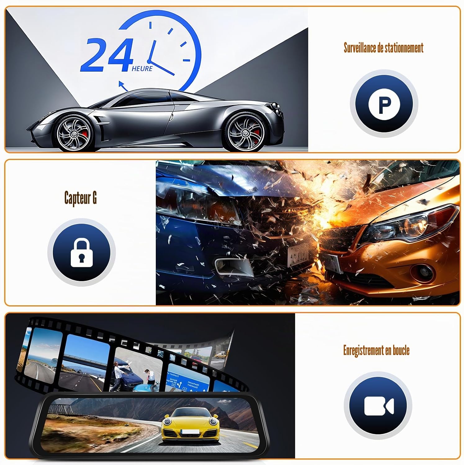 Composite image showing three key features: 24-hour parking monitoring with a car and a 'P' icon, G-Sensor with a lock icon and two cars colliding, and loop recording with a mirror view of a road and a video camera icon.