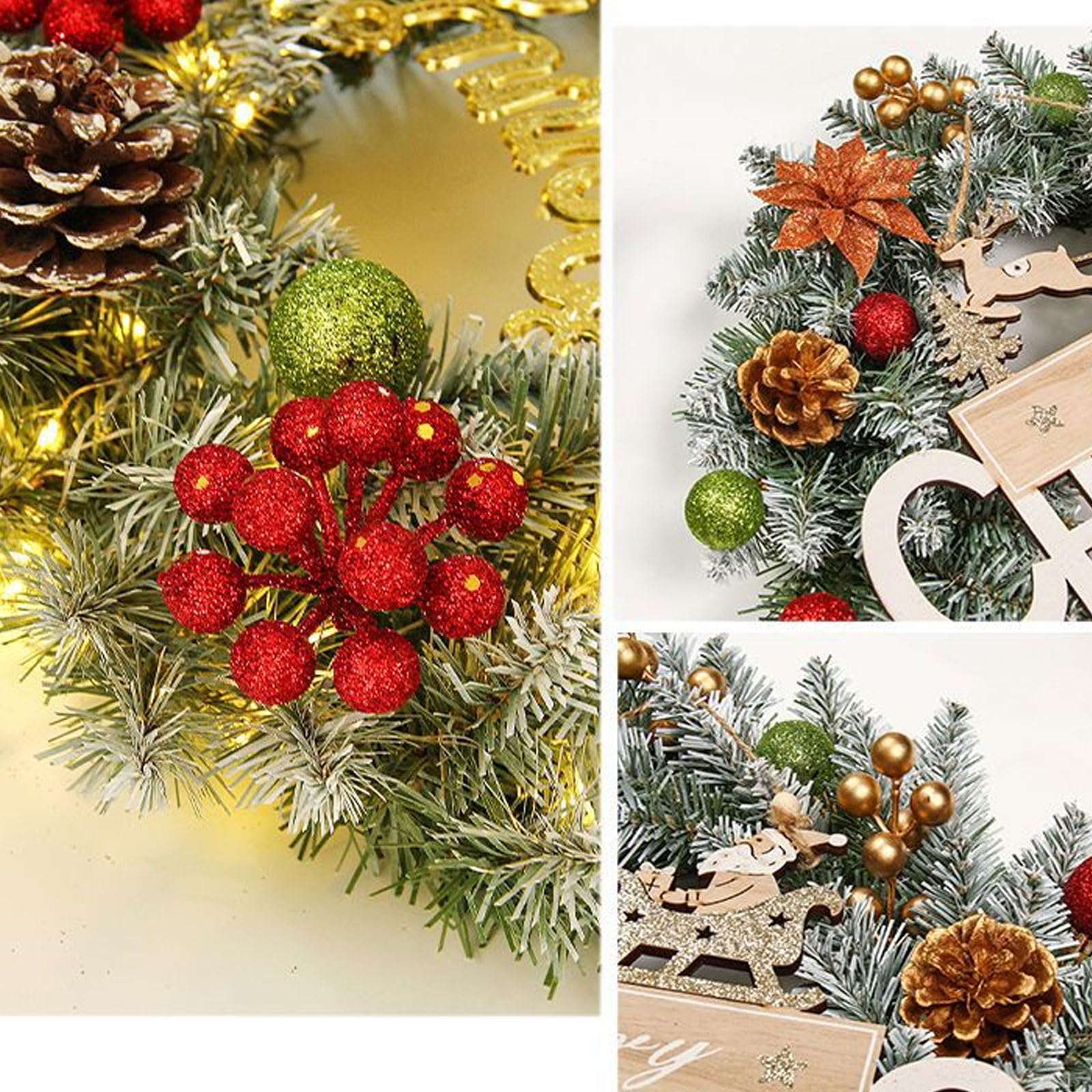 Corona de Navidad artificial preiluminada de 24 pulgadas, coronas de Navidad para puerta delantera, bayas esmeriladas decoradas con pino mixto, piñas, luces LED, decoración navideña para puerta