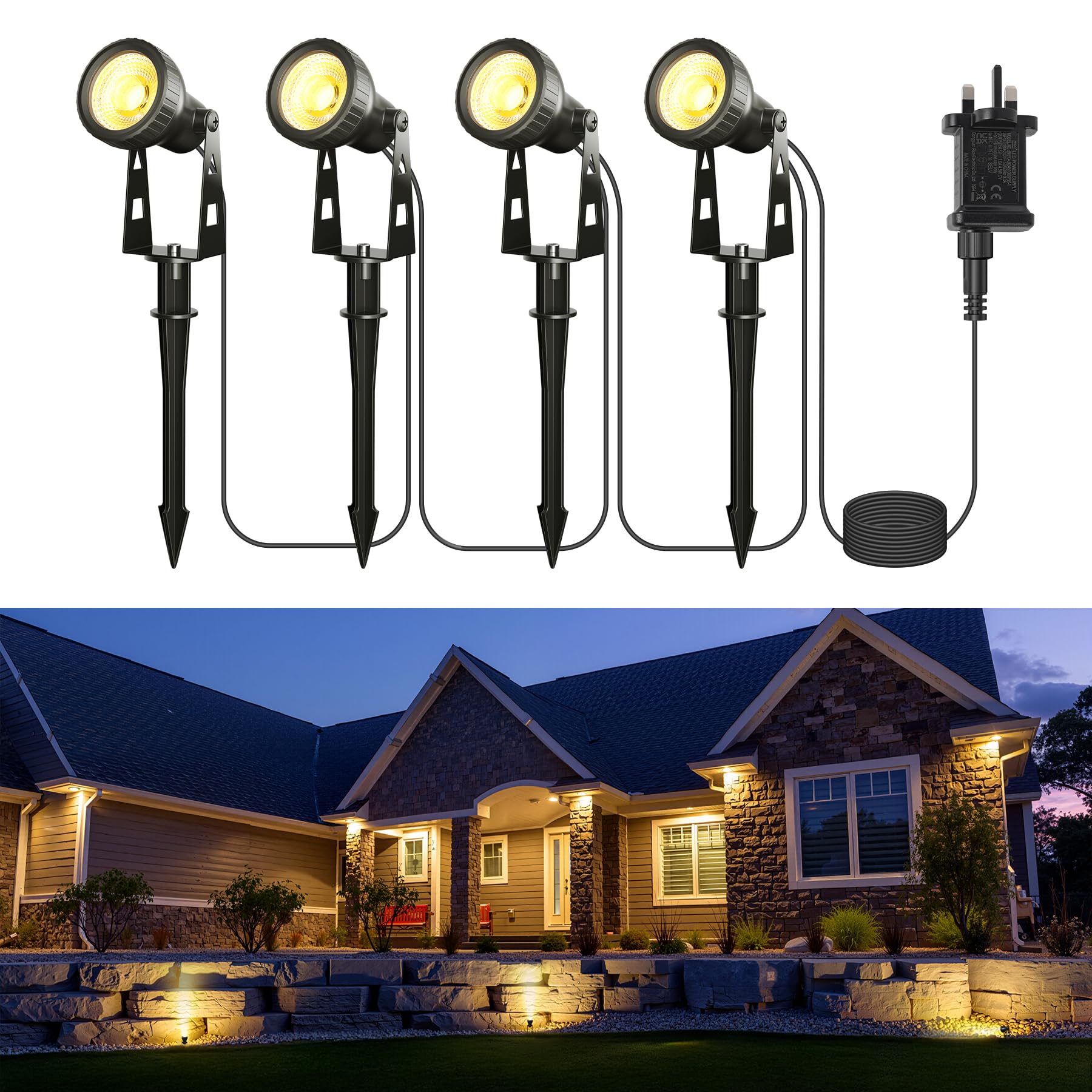 Zuske Garden Spot Lights Mains Powered, 4-in-1 LED Outdoor Spotlights with Adapter