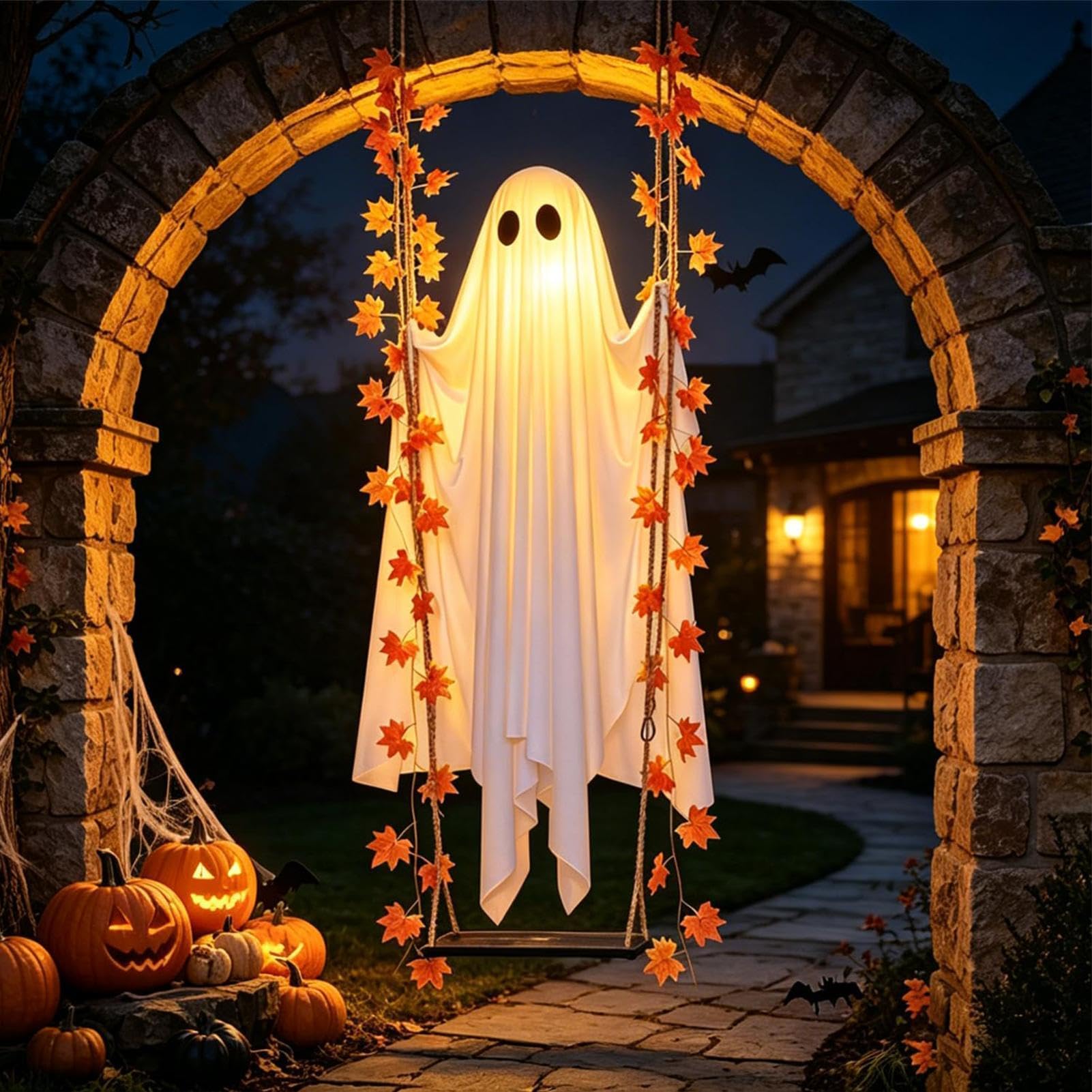 Fantasma di Halloween da Appendere su Altalena Decorazioni Esterno e Intern | Fantasma Luminoso Grande 120cm con luco LED 8 Modalità e Telecomando per Giardino Portico Albero Festa